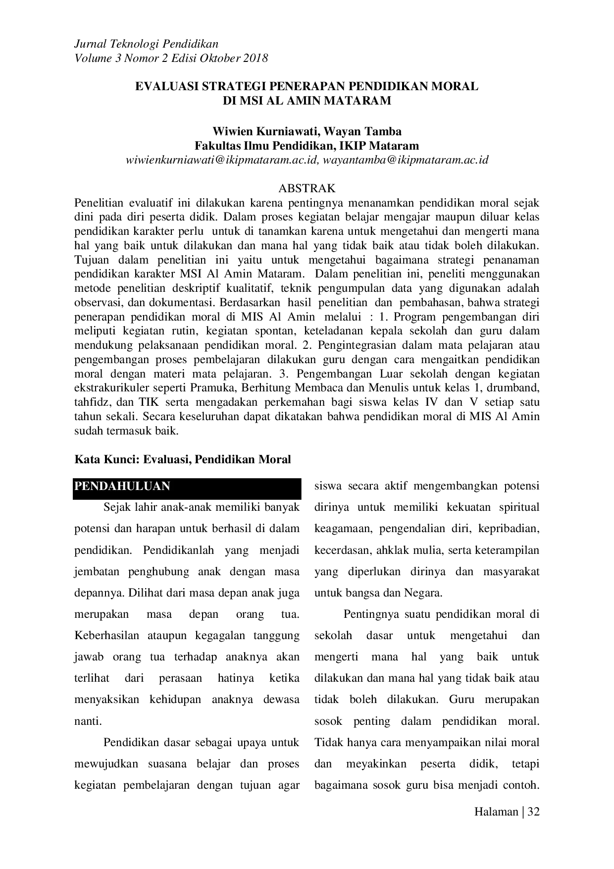 JURIS Evaluasi Strategi Penerapan Pendidikan Moral di MSI Al Amin Mataram