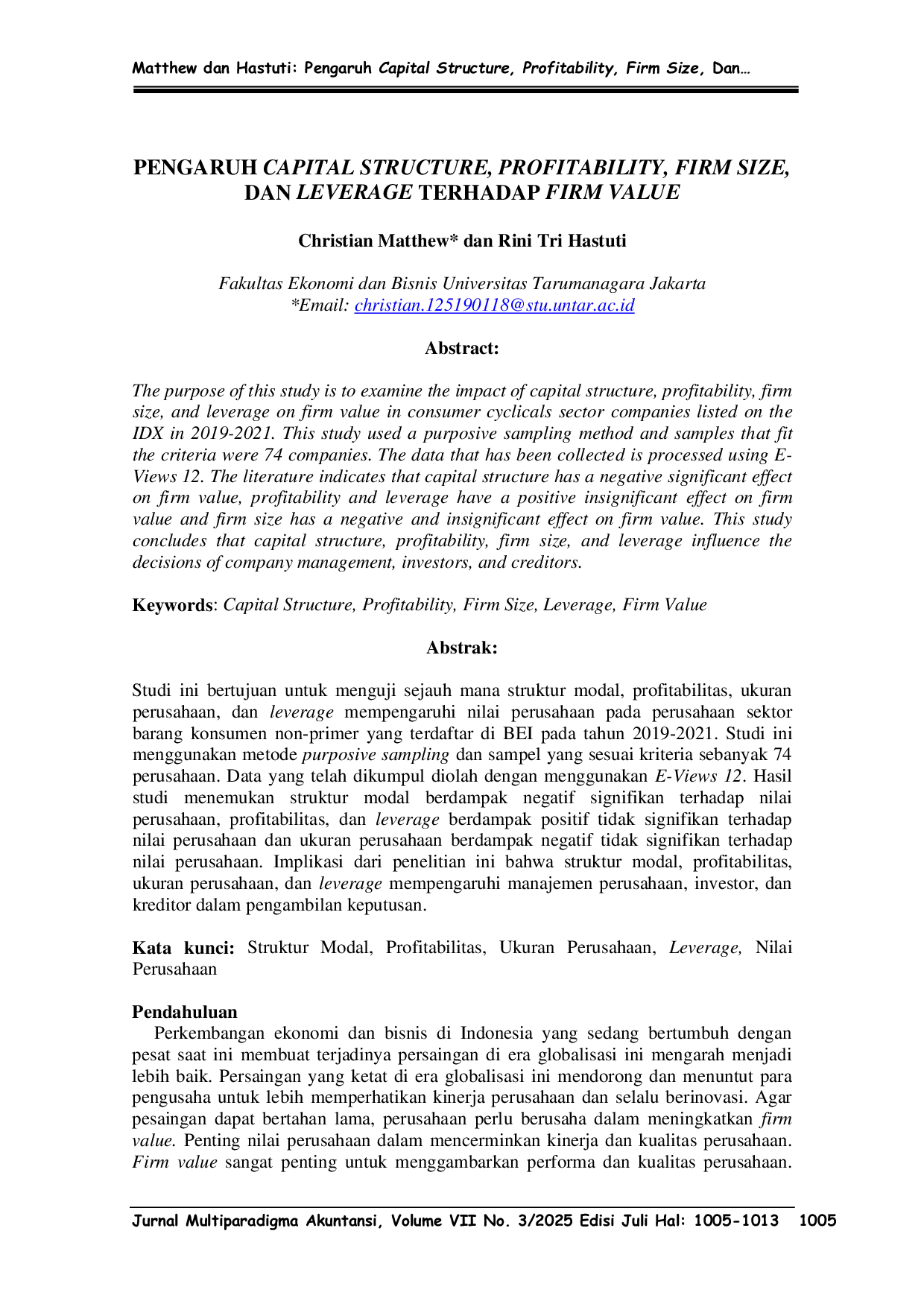 JURIS Pengaruh Capital Structure Profitability Firm Size Dan Leverage Terhadap Firm Value