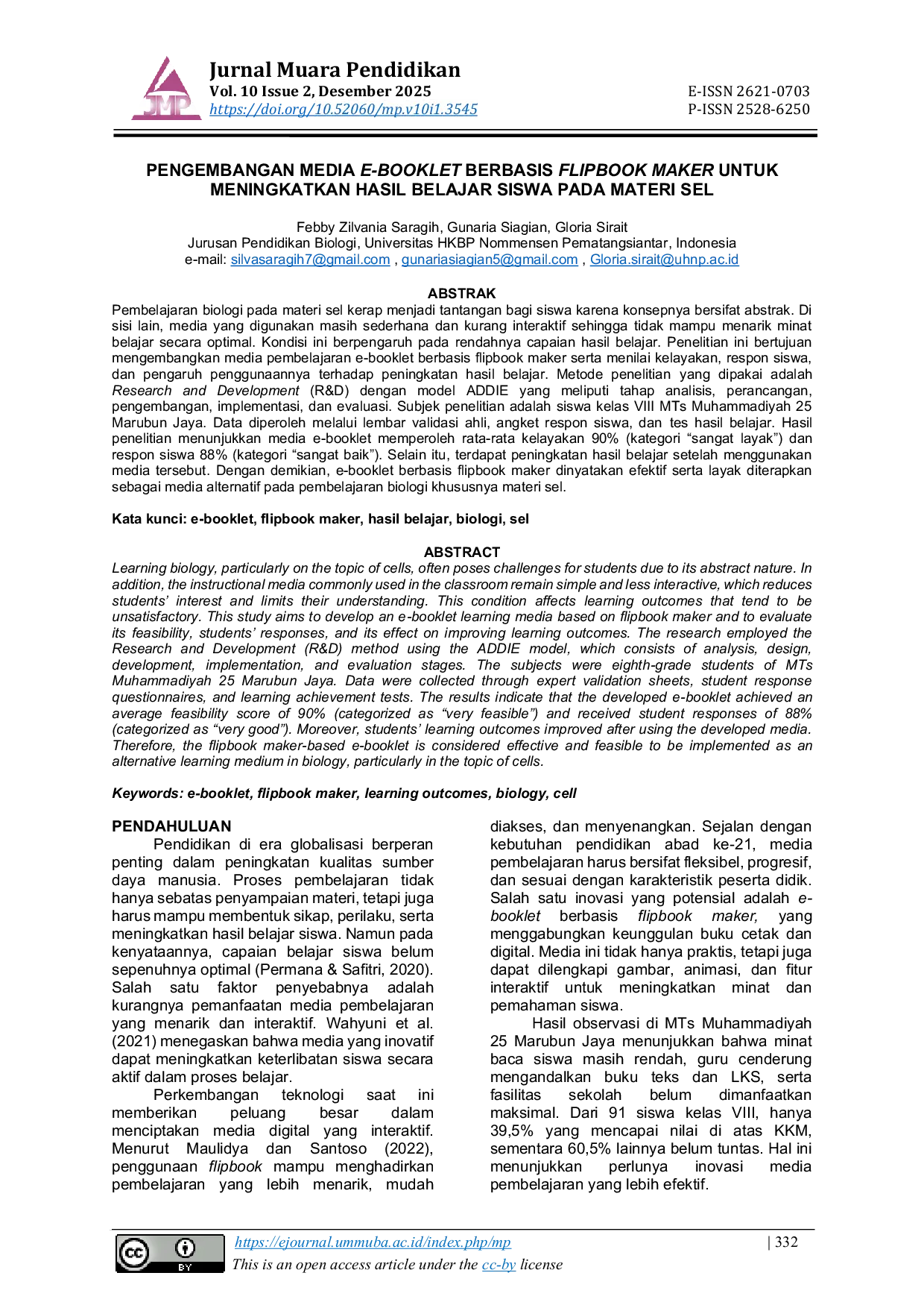 JURIS Pengembangan Media E Booklet Berbasis Flipbook Maker untuk Meningkatkan Hasil Belajar Siswa pada Materi Sel