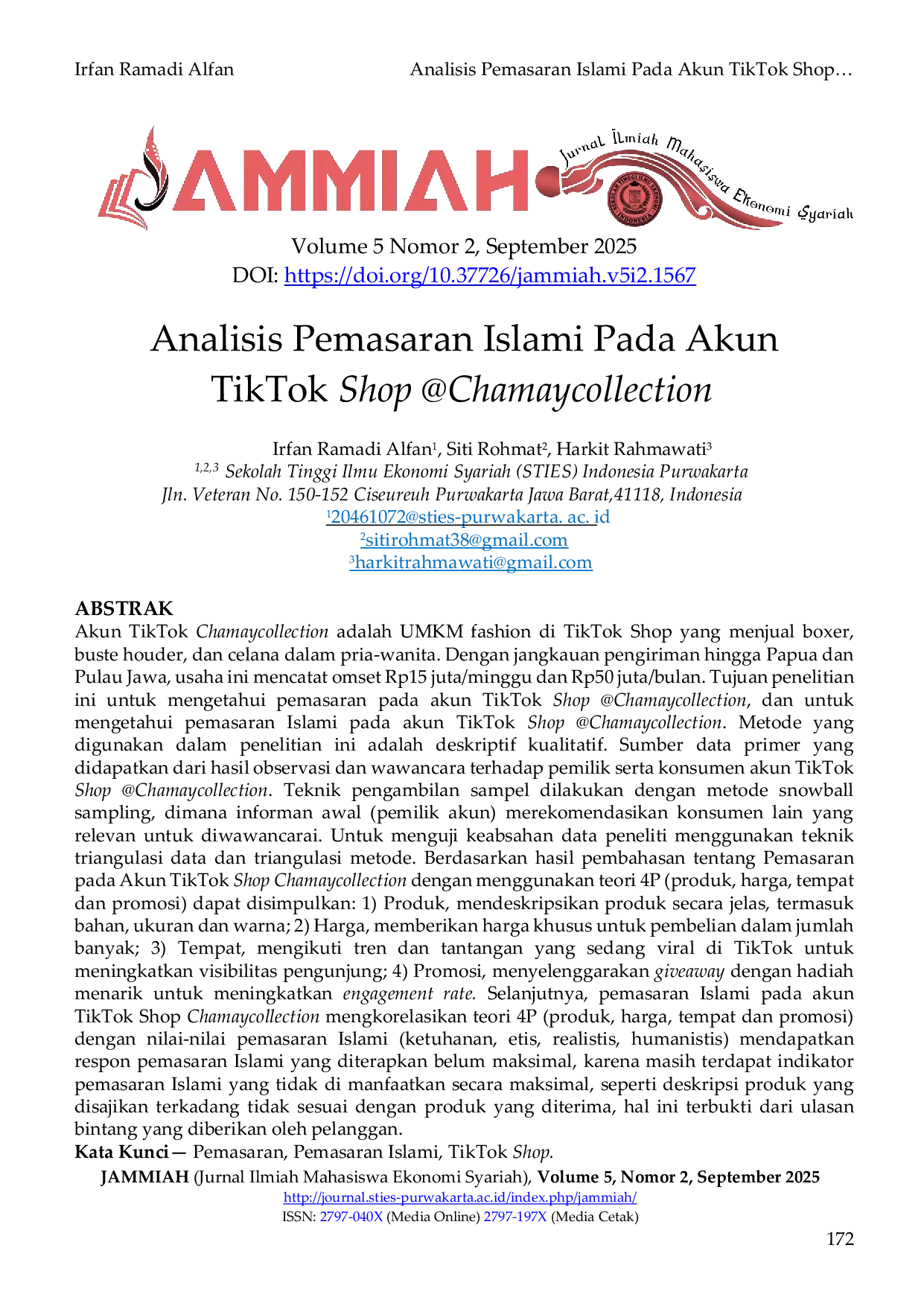 JURIS Analisis Pemasaran Islami Pada Akun TikTok Shop Chamaycollection