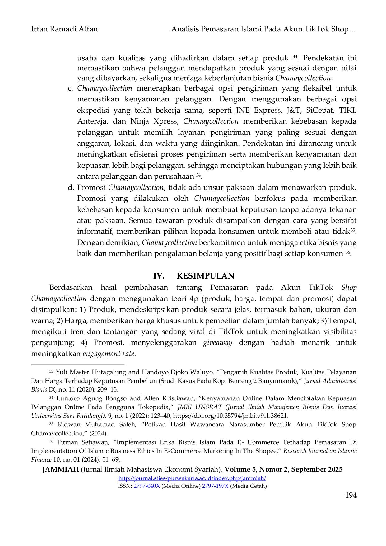 JURIS Analisis Pemasaran Islami Pada Akun TikTok Shop Chamaycollection