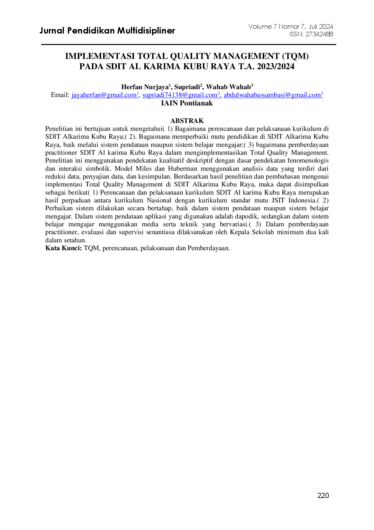 juris Implementasi Total Quality Management Tqm Pada Sdit Al Karima Kubu Raya T a 2023 2024
