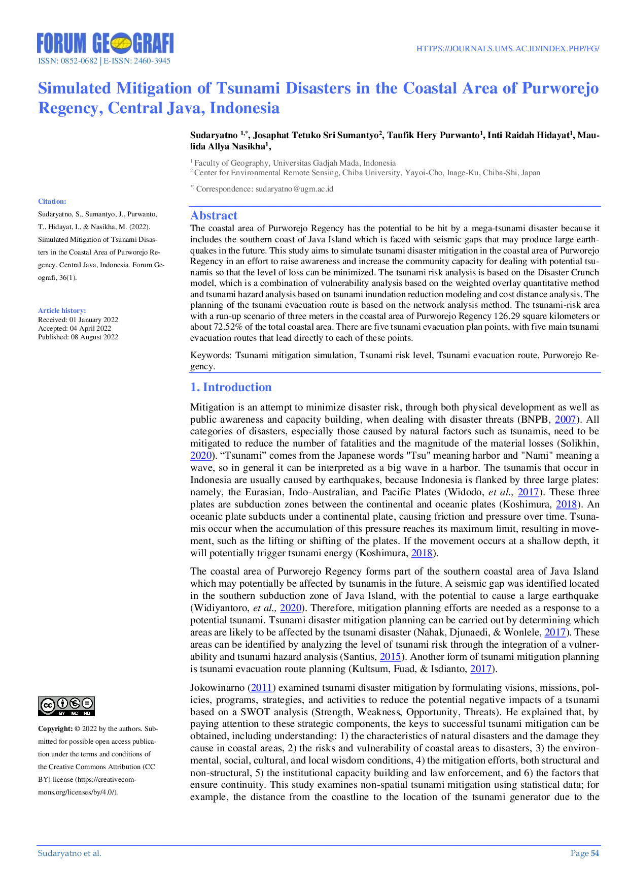 JURIS Simulated Mitigation of Tsunami Disasters in the Coastal Area of Purworejo Regency Central Java Indonesia