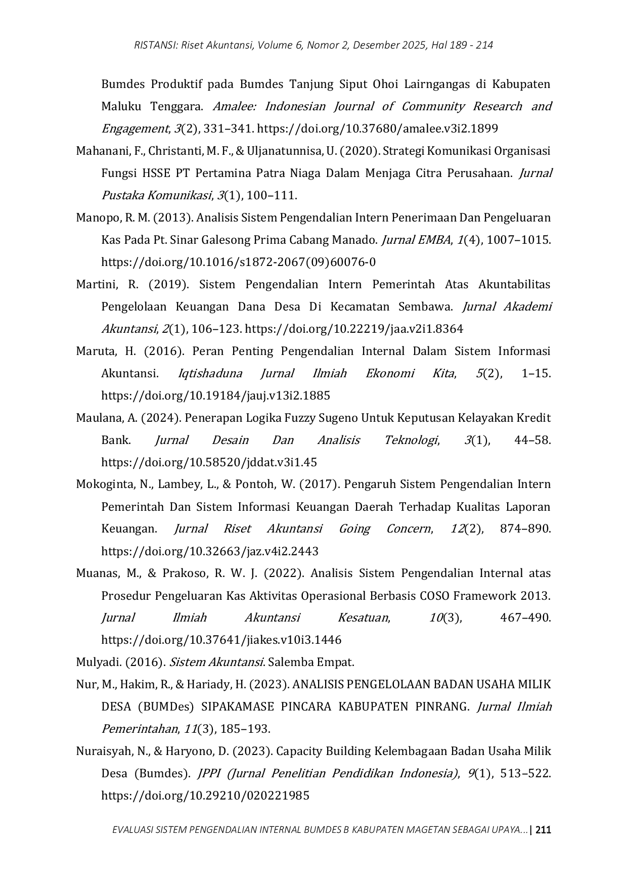 JURIS Evaluasi Sistem Pengendalian Internal BUMDes B Kabupaten Magetan Sebagai Upaya Menghindari Kecurangan