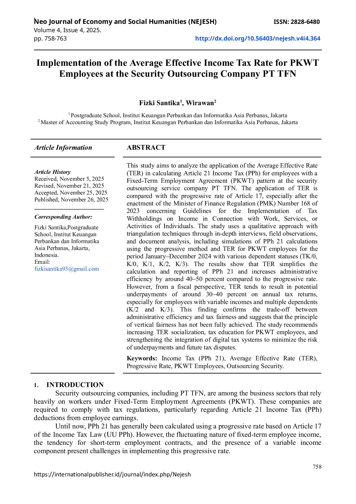 JURIS Implementation of the Average Effective Income Tax Rate for PKWT Employees at the Security Outsourcing Company PT TFN