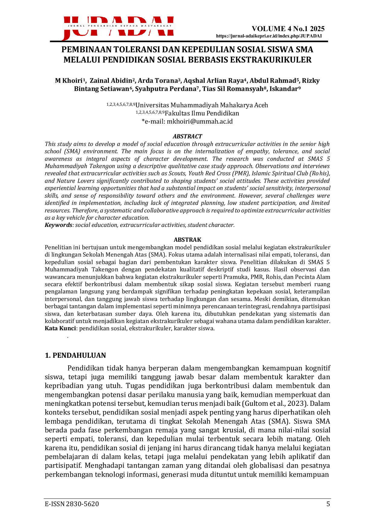 JURIS Pembinaan Toleransi Dan Kepedulian Sosial Siswa SMA Melalui Pendidikan Sosial Berbasis Ekstrakurikuler