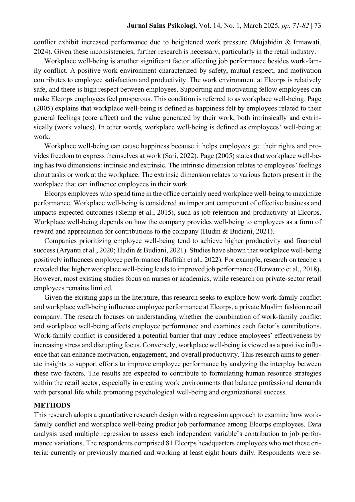 JURIS Job Performance The Role of Work Family Conflict and Workplace Well being in Elcorps Employees