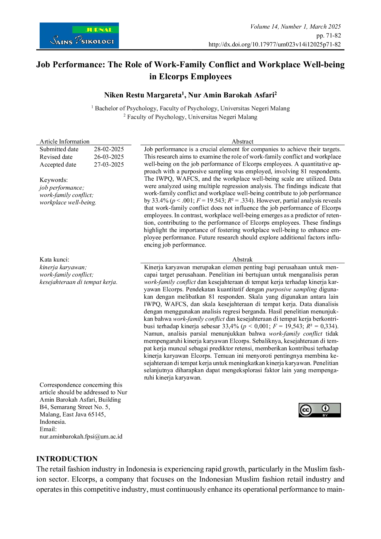 JURIS Job Performance The Role of Work Family Conflict and Workplace Well being in Elcorps Employees