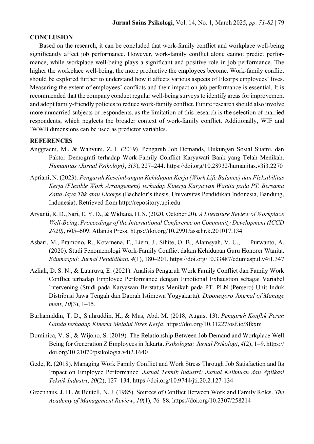 JURIS Job Performance The Role of Work Family Conflict and Workplace Well being in Elcorps Employees
