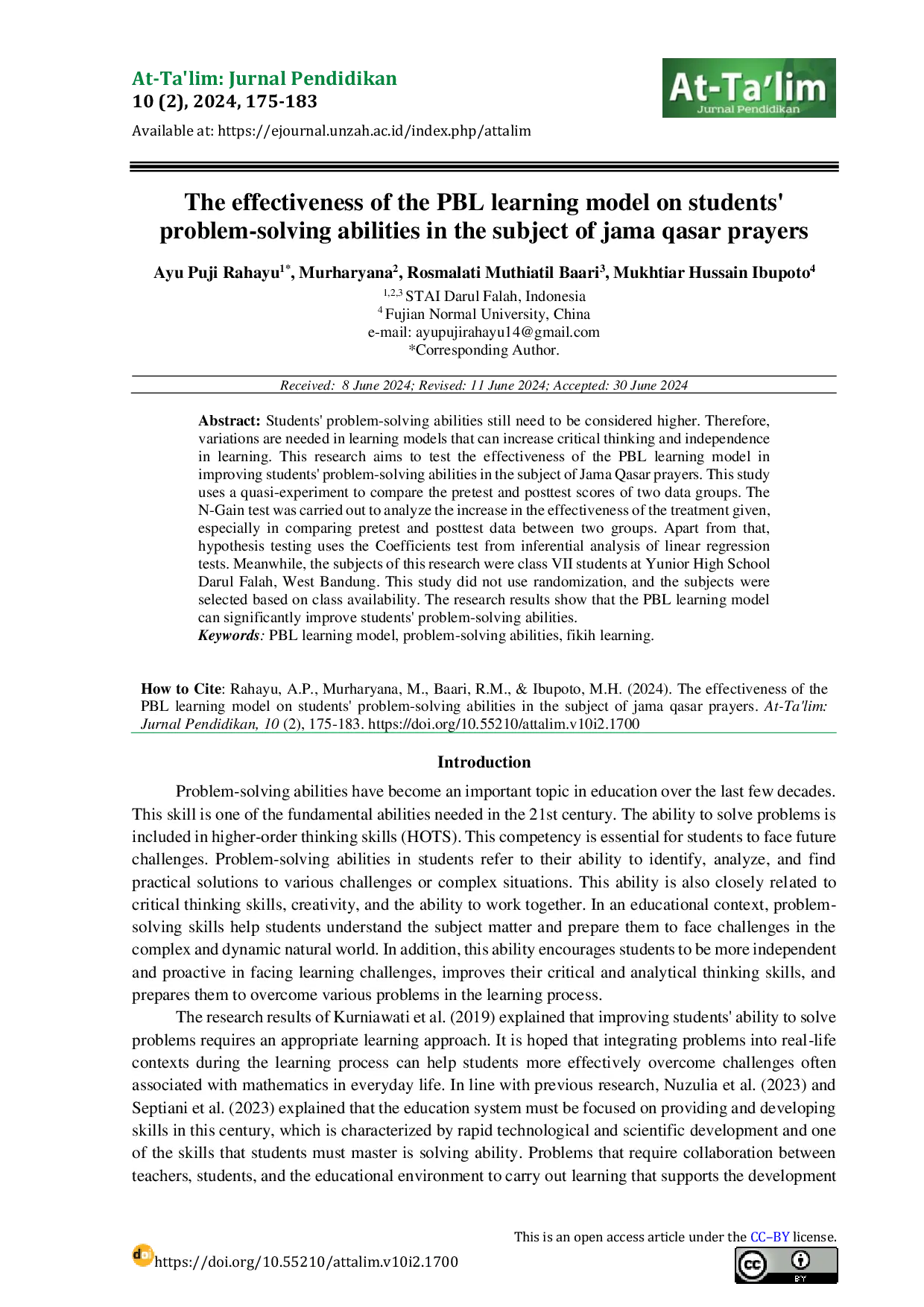 JURIS The Effectiveness of the PBL Learning Model on Students Problem Solving Abilities in the Subject of Jama Qasar Prayers