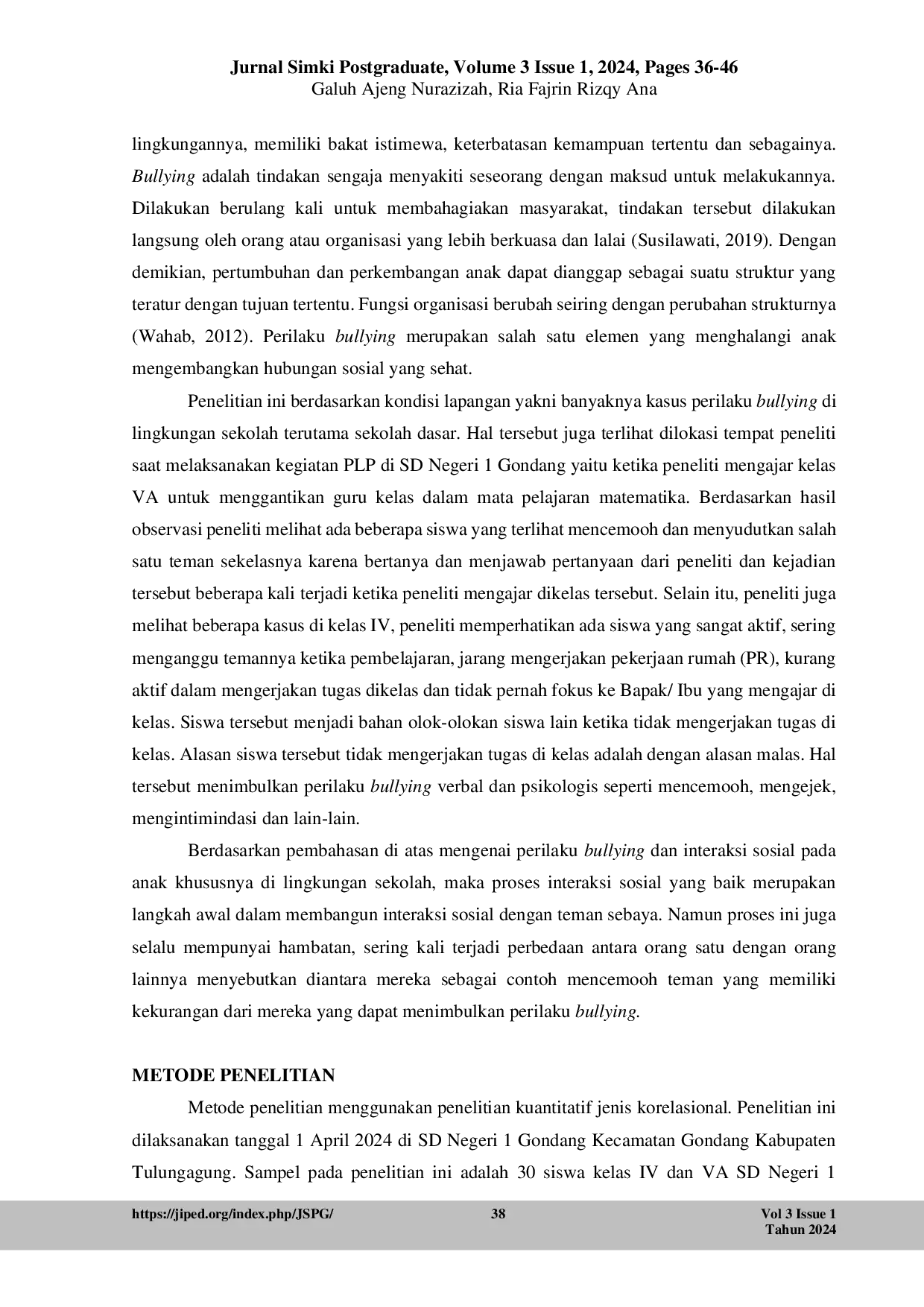 JURIS Hubungan Perilaku Bullying terhadap Interaksi Sosial Siswa SD Negeri 1 Gondang Kecamatan Gondang Kabupaten Tulungagung