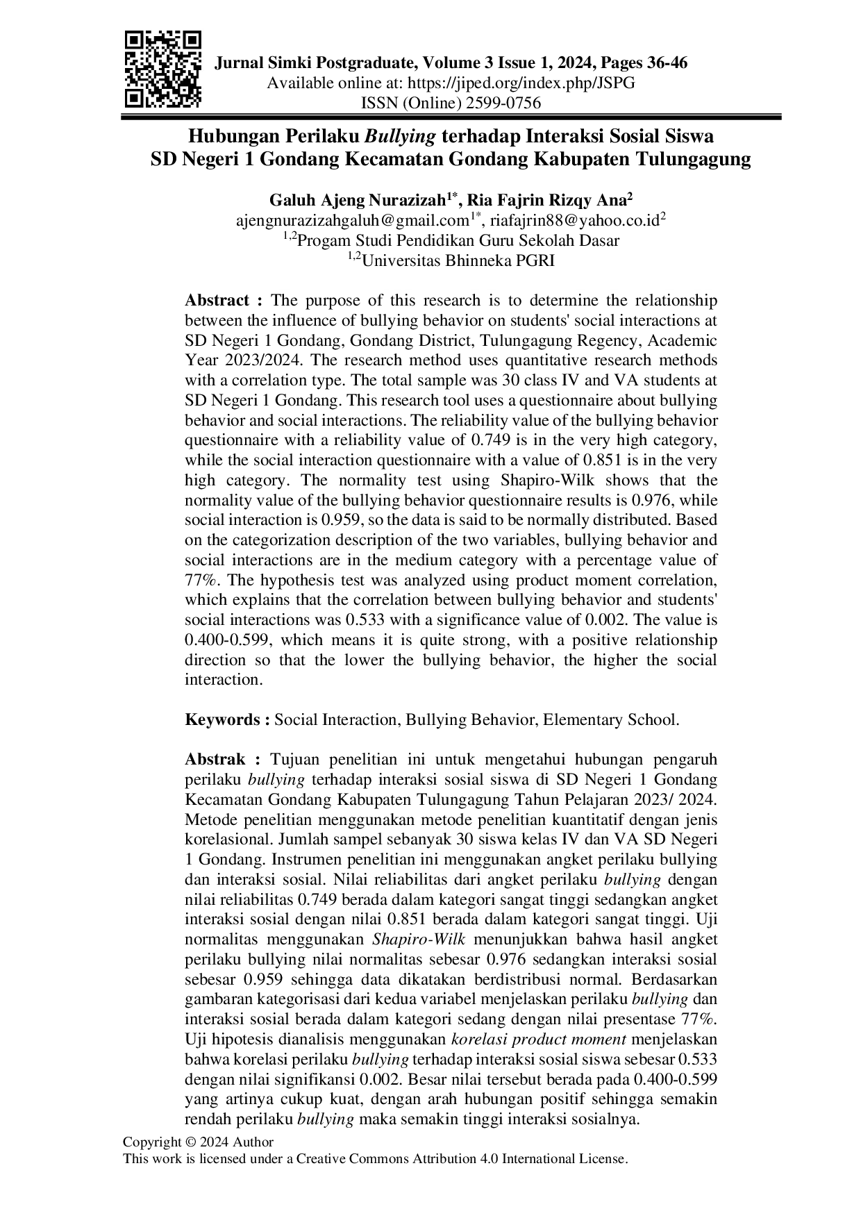 JURIS Hubungan Perilaku Bullying terhadap Interaksi Sosial Siswa SD Negeri 1 Gondang Kecamatan Gondang Kabupaten Tulungagung