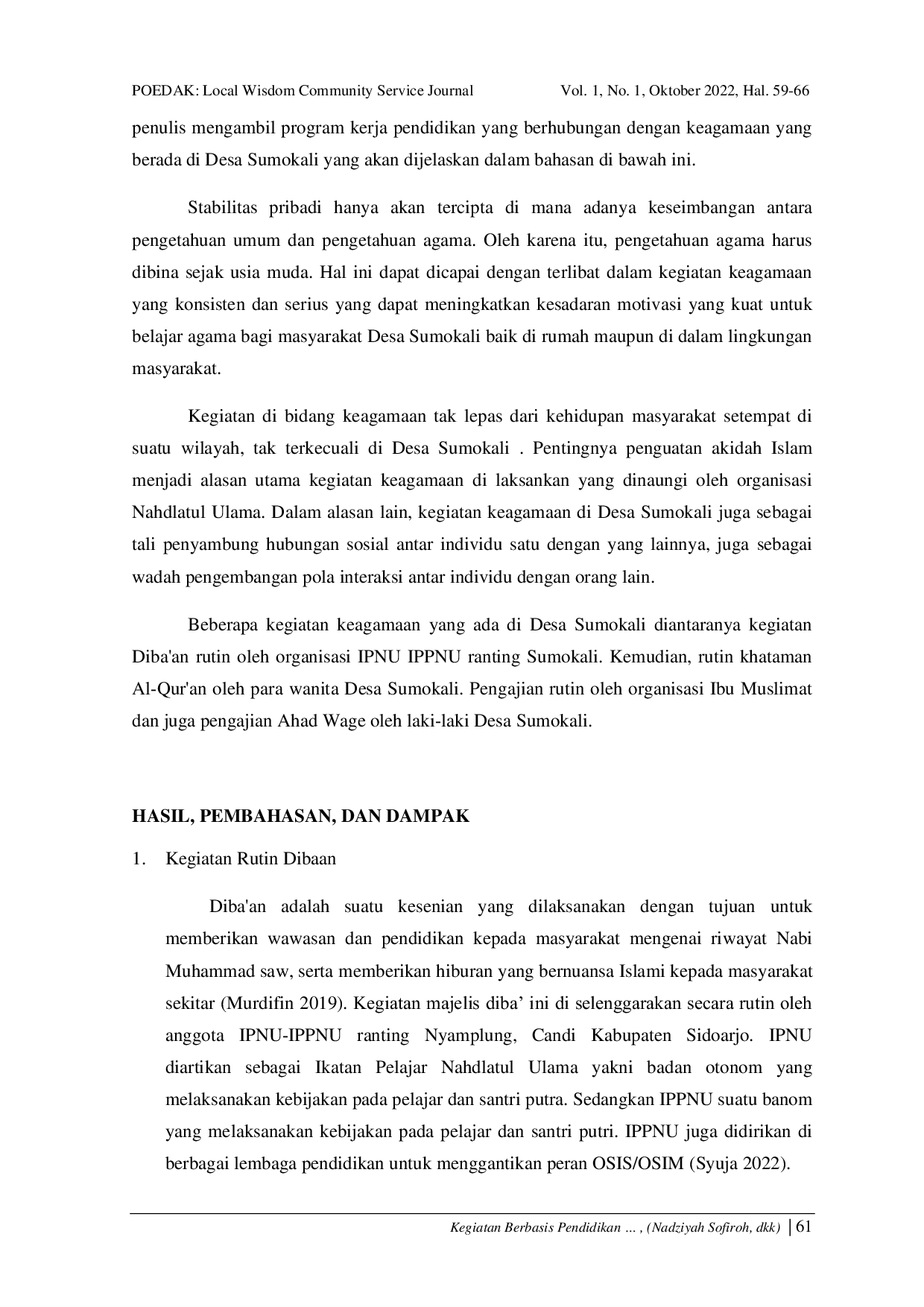 JURIS Antusiasme Mahasiswa Universitas Nahdlatul Ulama Sidoarjo dalam Aktualisasi Kegiatan Keagamaan di Desa Sumokali