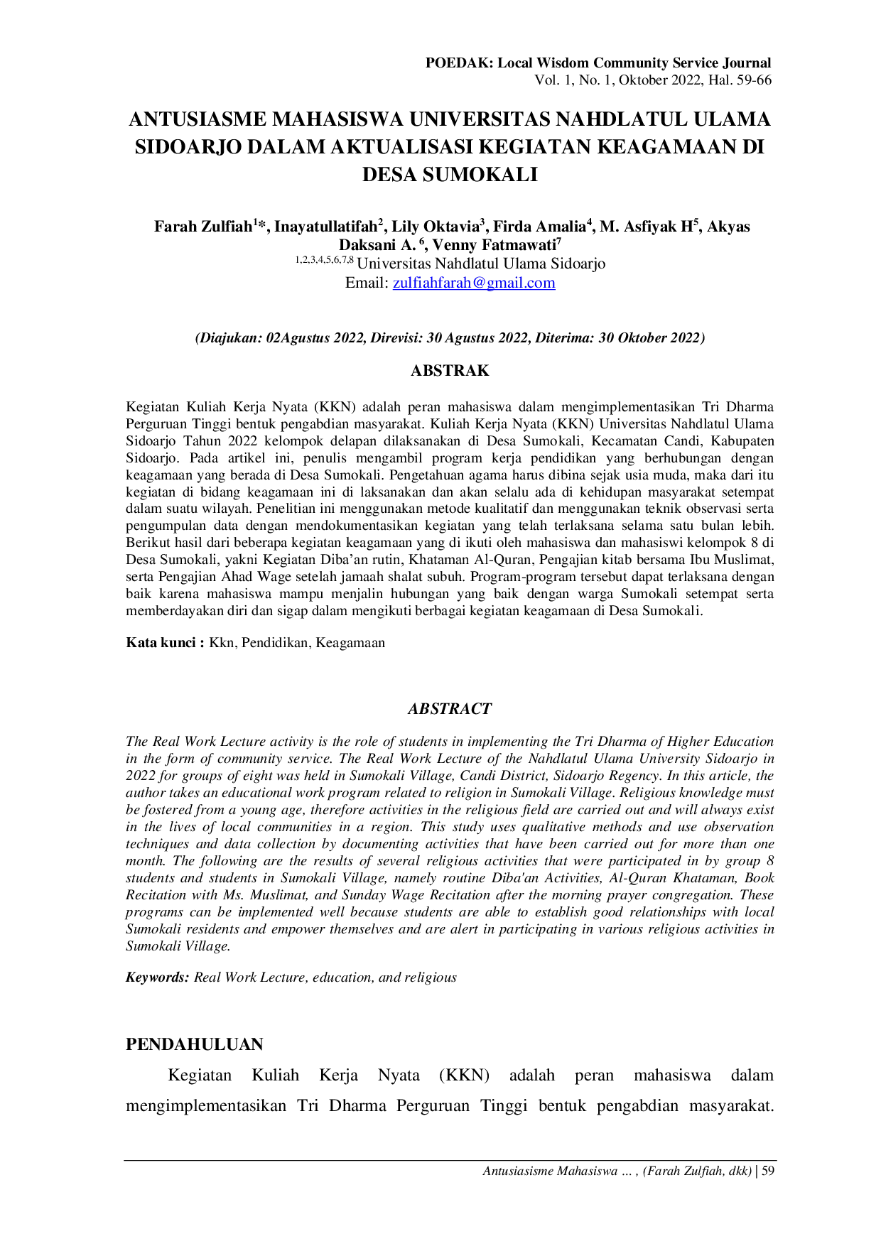 JURIS Antusiasme Mahasiswa Universitas Nahdlatul Ulama Sidoarjo dalam Aktualisasi Kegiatan Keagamaan di Desa Sumokali