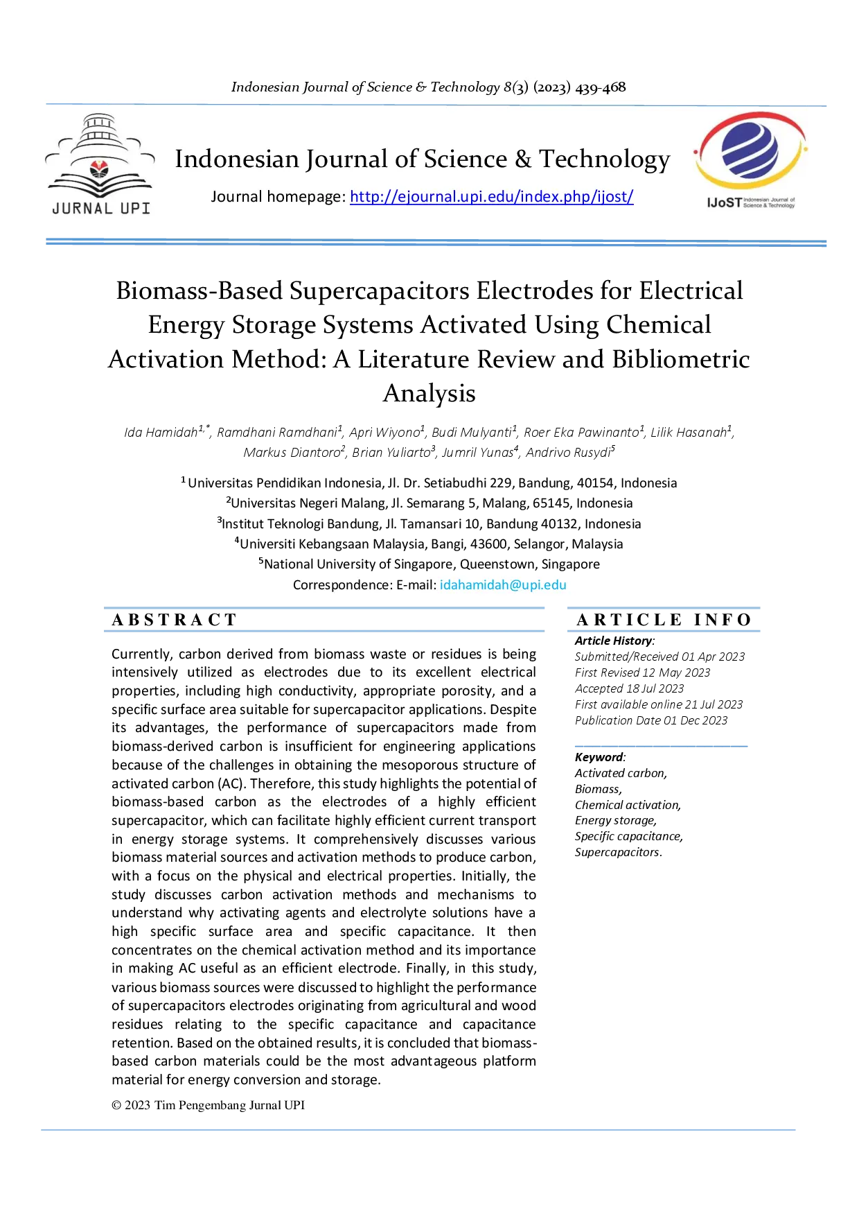 juris Biomass Based Supercapacitors Electrodes for Electrical Energy Storage Systems Activated Using Chemical Activation Method A Literature Review and Bibliometric Analysis