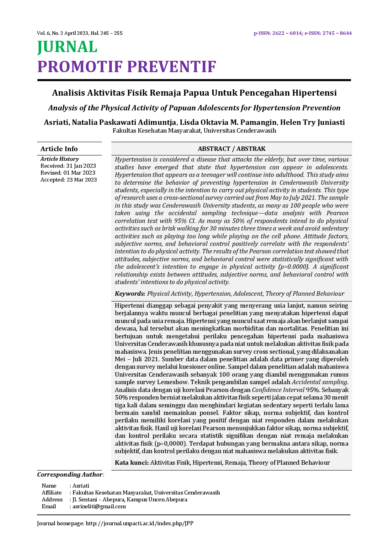 juris Analisis Aktivitas Fisik Remaja Papua Untuk Pencegahan Hipertensi