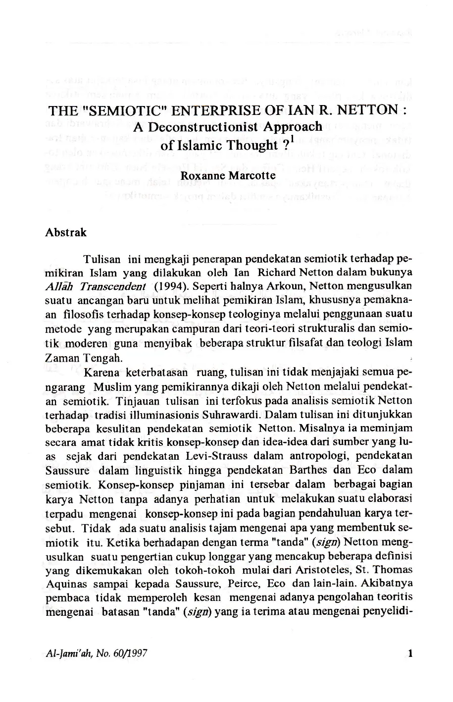 JURIS The semiotic Enterprise of Ian R Netton A Deconstructionist Approach of Islamic Thought