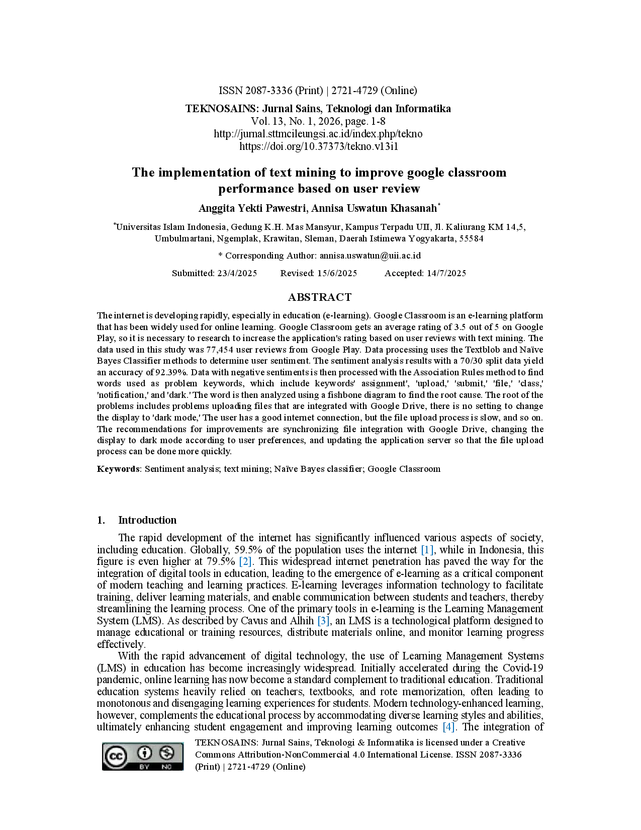 juris The implementation of text mining to improve google classroom performance based on user review
