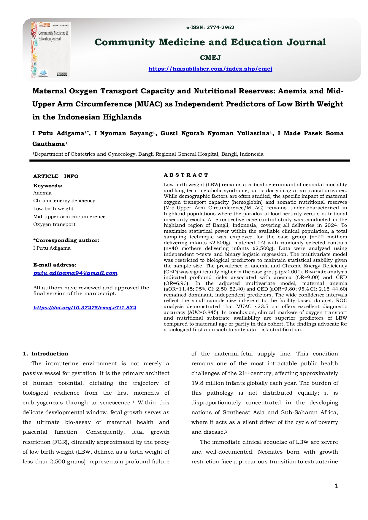 JURIS Maternal Oxygen Transport Capacity and Nutritional Reserves Anemia and Mid Upper Arm Circumference MUAC as Independent Predictors of Low Birth Weight in the Indonesian Highlands