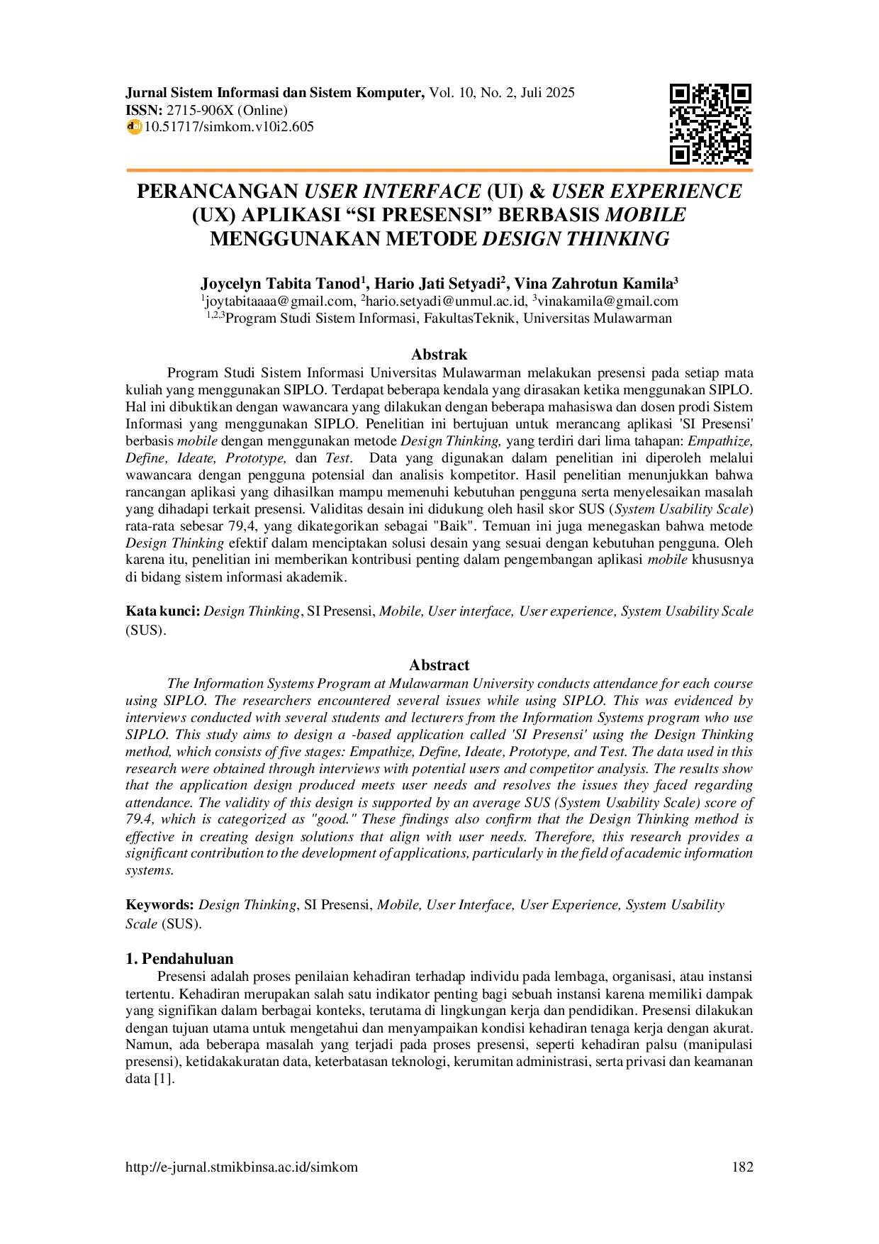 JURIS Perancangan User Interface UI User Experience UX Aplikasi SI Presensi Berbasis Mobile Menggunakan Metode Design Thingking
