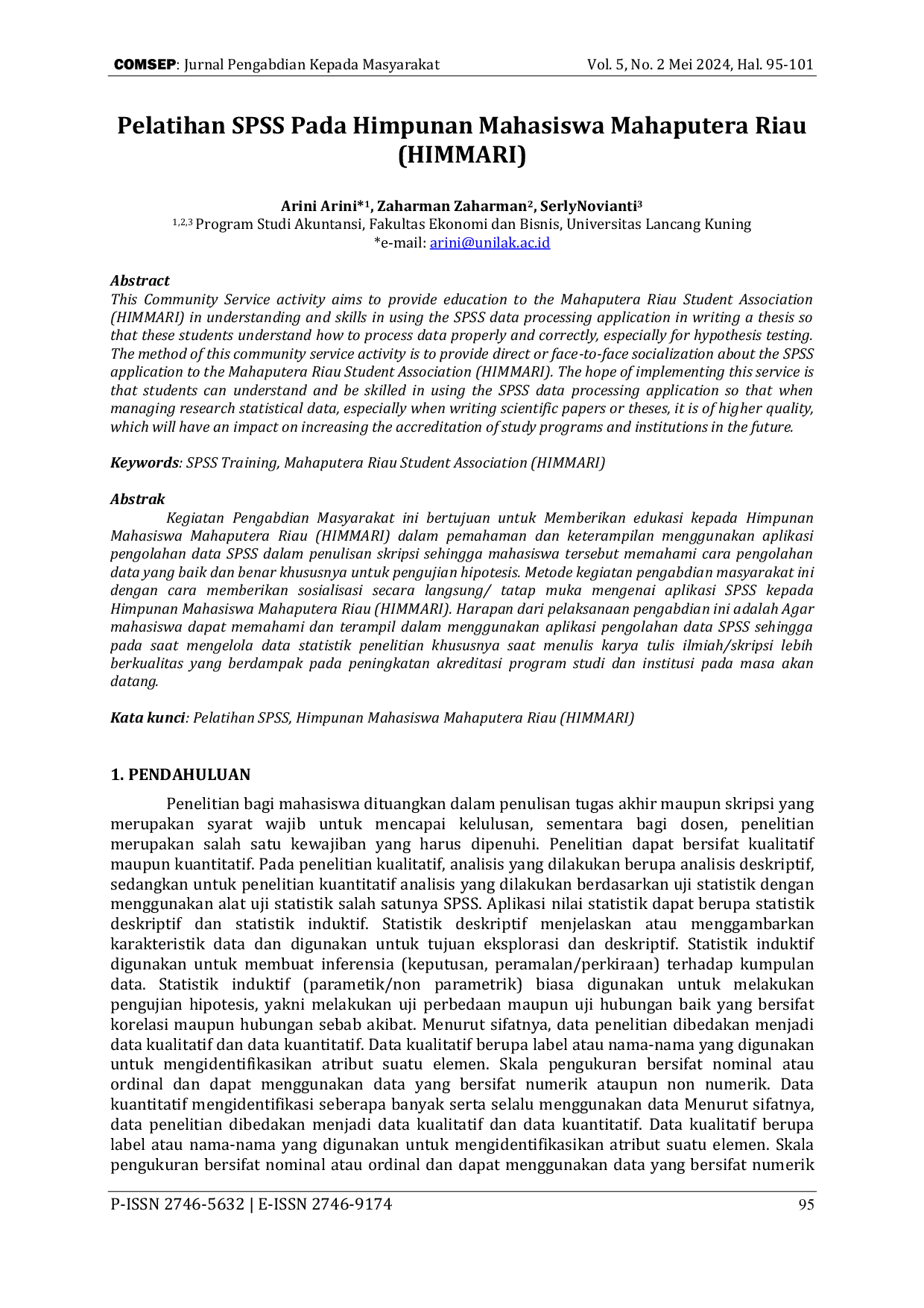 JURIS Pelatihan SPSS Pada Himpunan Mahasiswa Mahaputera Riau HIMMARI