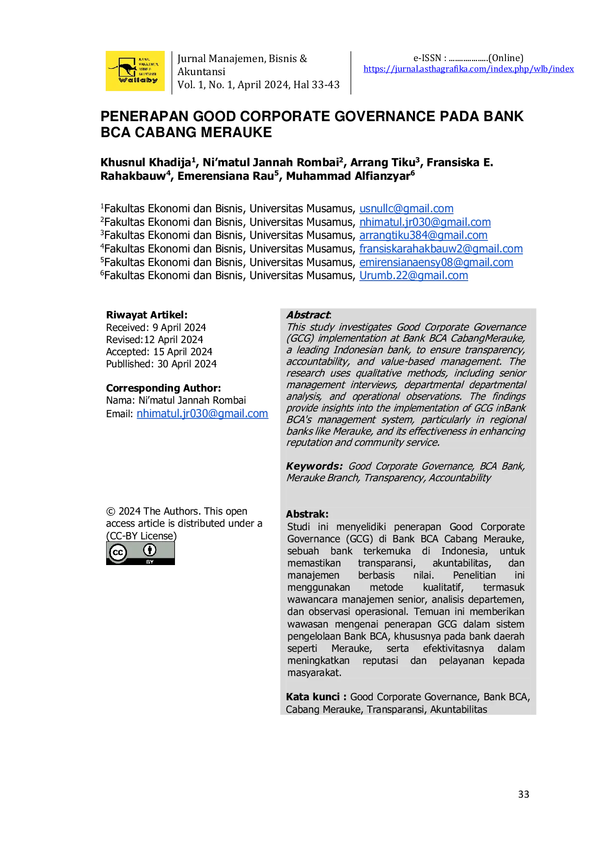 JURIS Penerapan Good Corporate Governance Pada Bank BCA Cabang Merauke