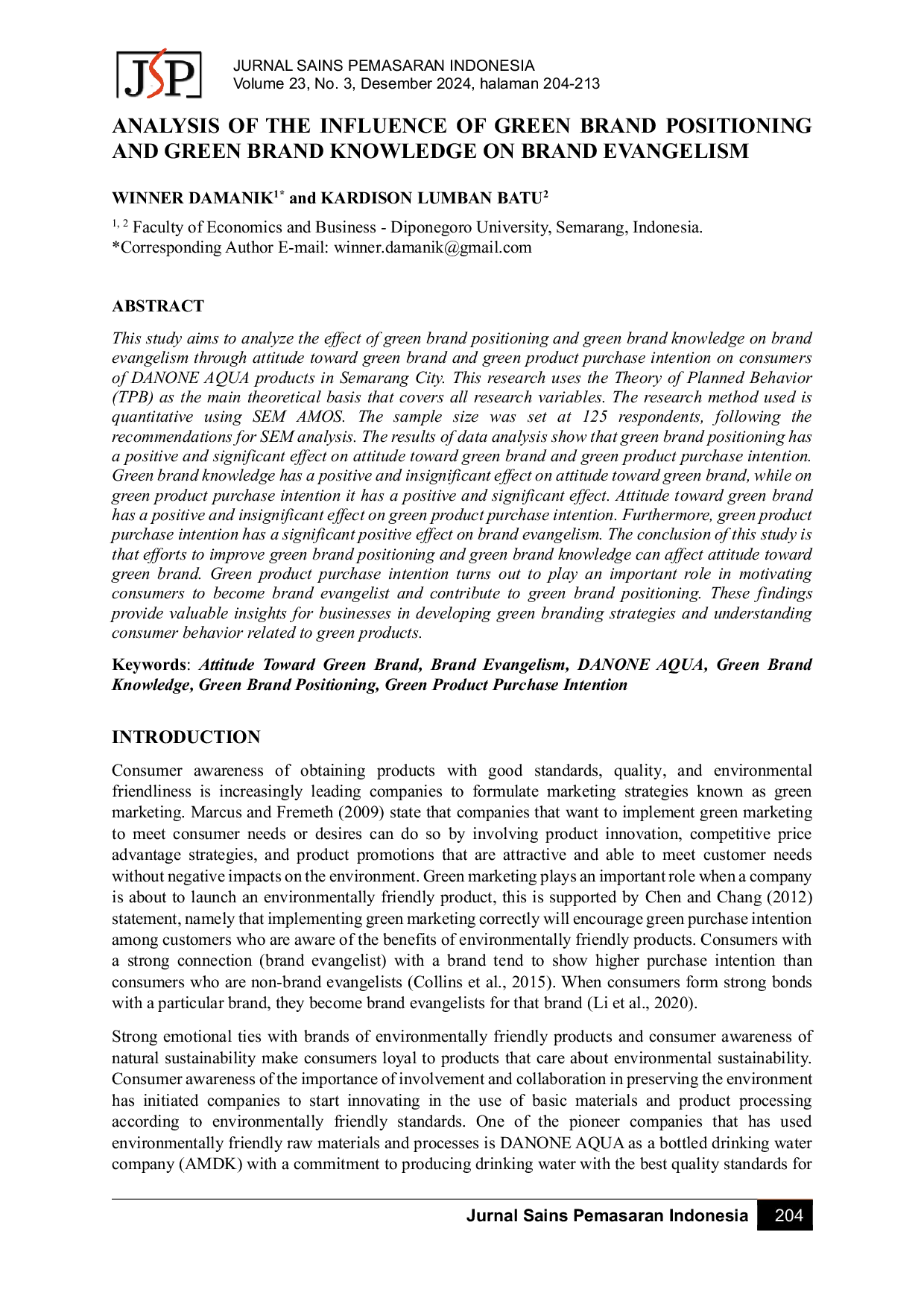 JURIS Analysis of The Influence of Green Brand Positioning and Green Brand Knowledge on Brand Evangelism