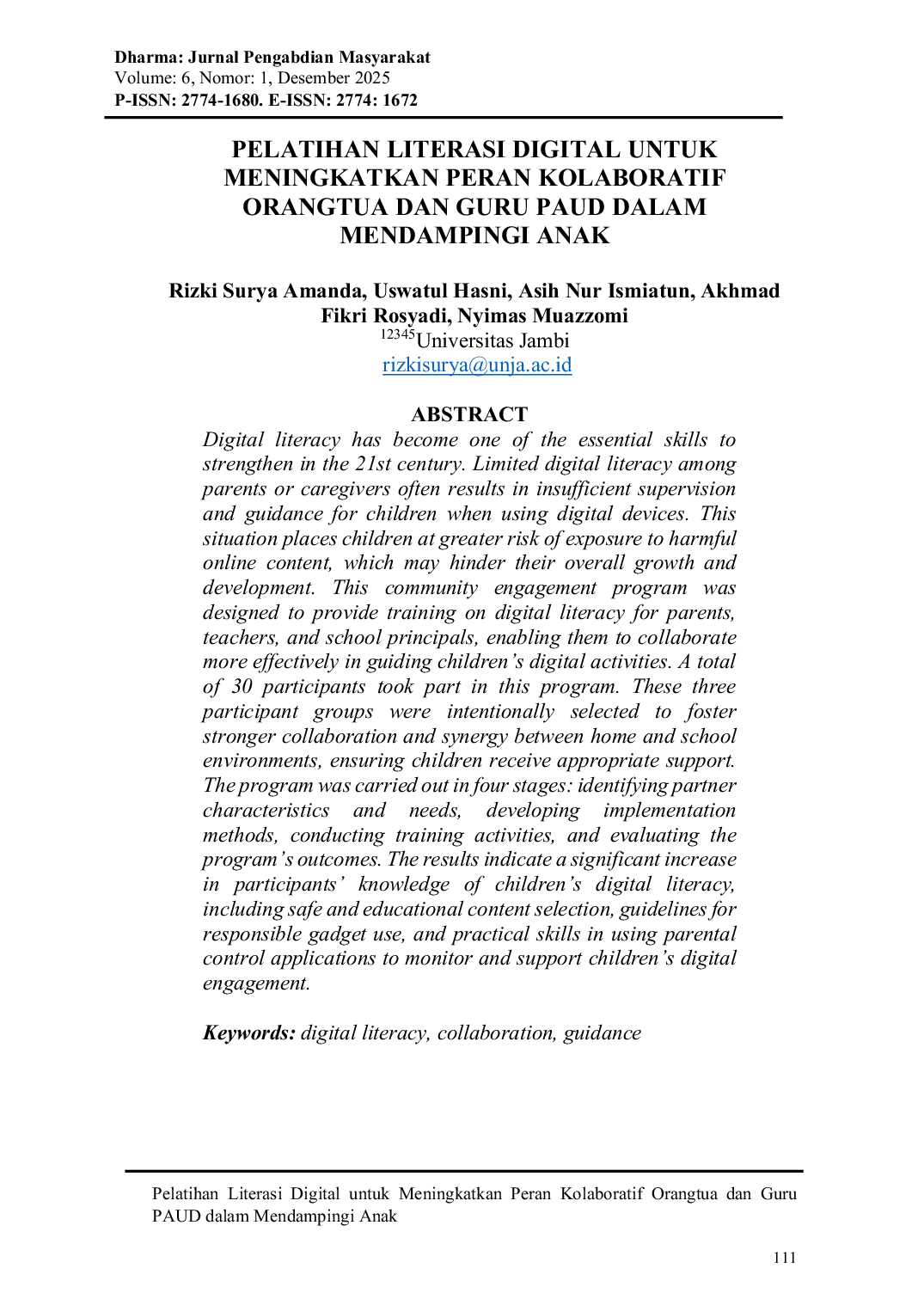 JURIS Pelatihan Literasi Digital untuk Meningkatkan Peran Kolaboratif Orangtua dan Guru PAUD dalam Mendampingi Anak