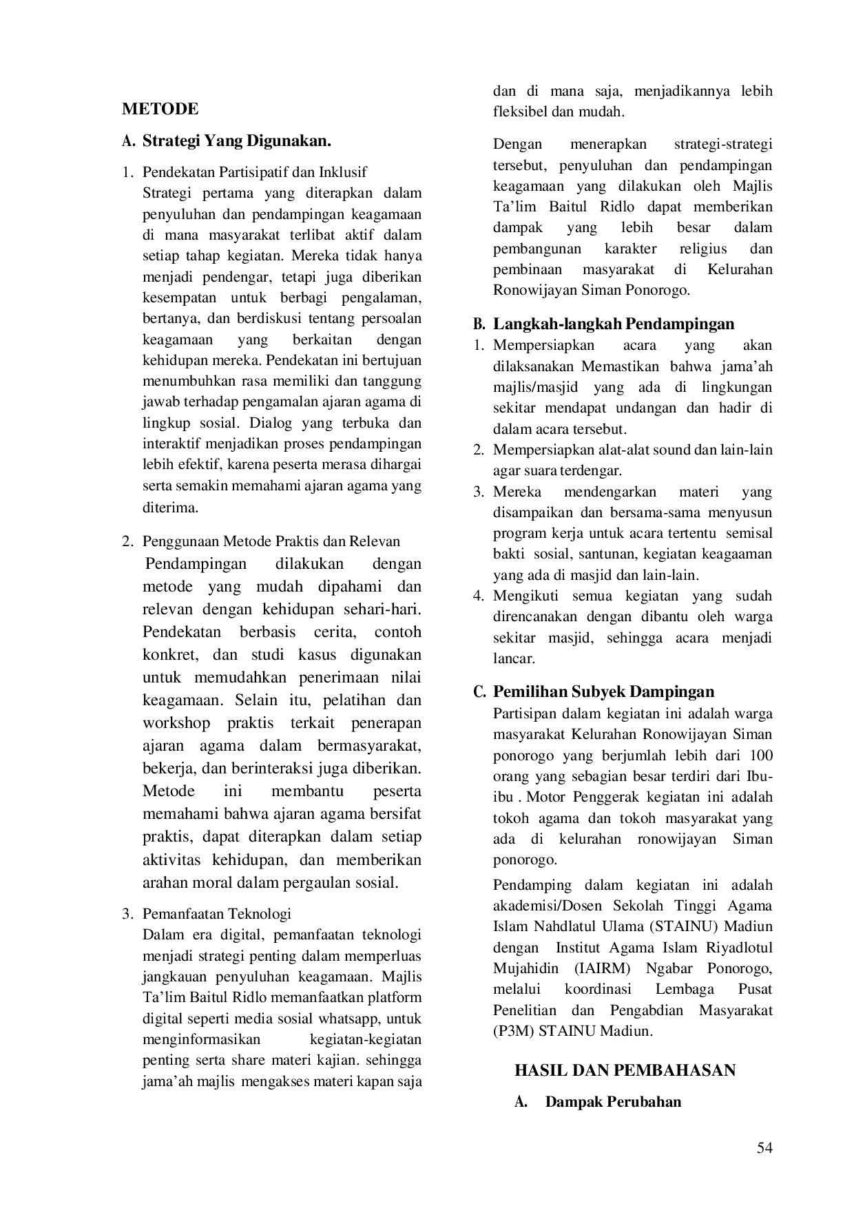 JURIS Implementasi Program Pendampingan dan Penyuluhan Upaya Majlis Ta lim Baitul Ridlo dalam Meningkatkan Pengetahuan Agama di Ronowijayan Ponorogo