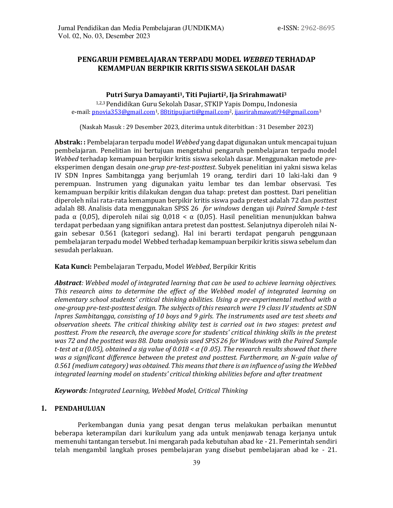 JURIS Pengaruh Pembelajaran Terpadu Model Webbed Terhadap Kemampuan Berpikir Kritis Siswa Sekolah Dasar