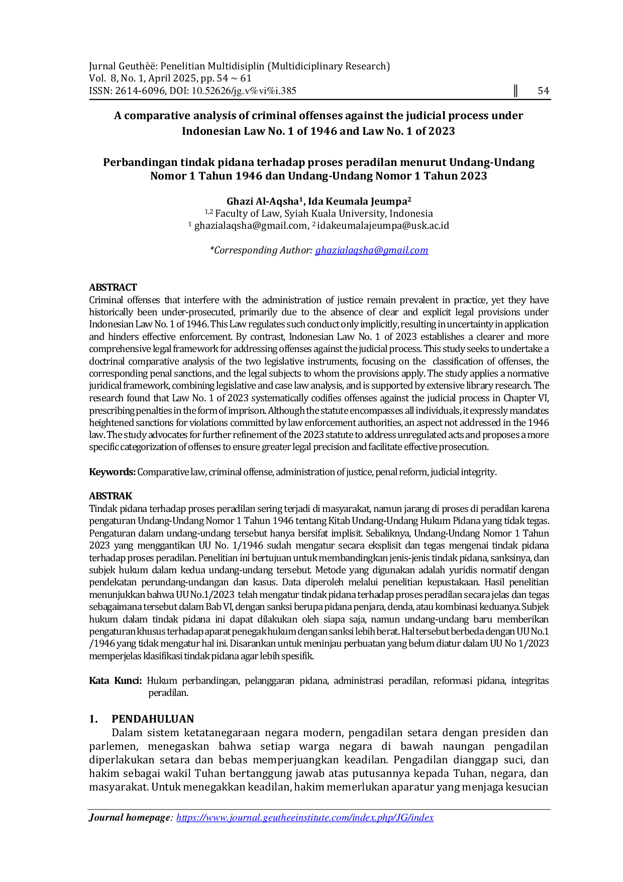 JURIS A comparative analysis of criminal offenses against the judicial process under Indonesian Law No 1 of 1946 and Law No 1 of 2023