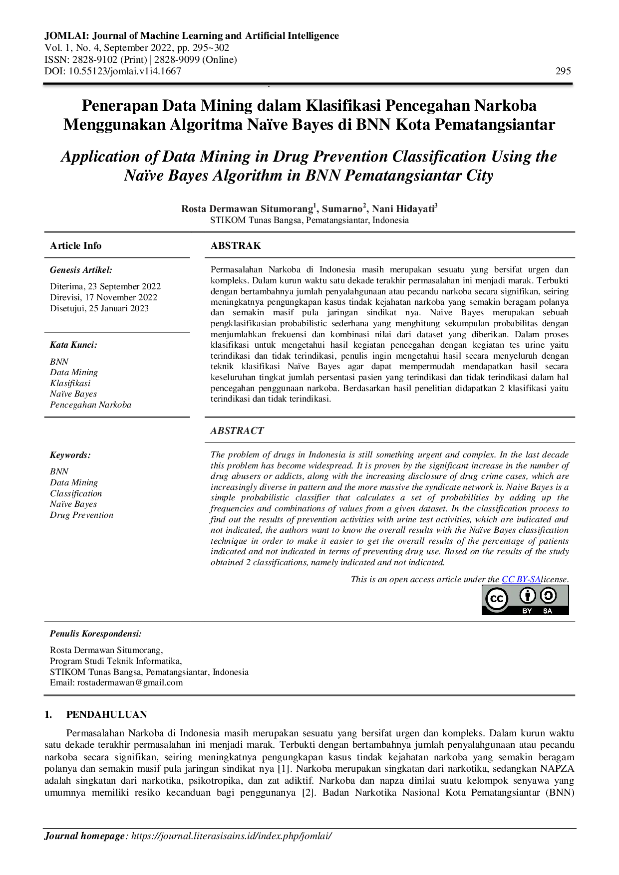 JURIS Penerapan Data Mining Dalam Klasifikasi Pencegahan Narkoba Menggunakan Algoritma Na ve Bayes Di BNN Kota Pematangsiantar
