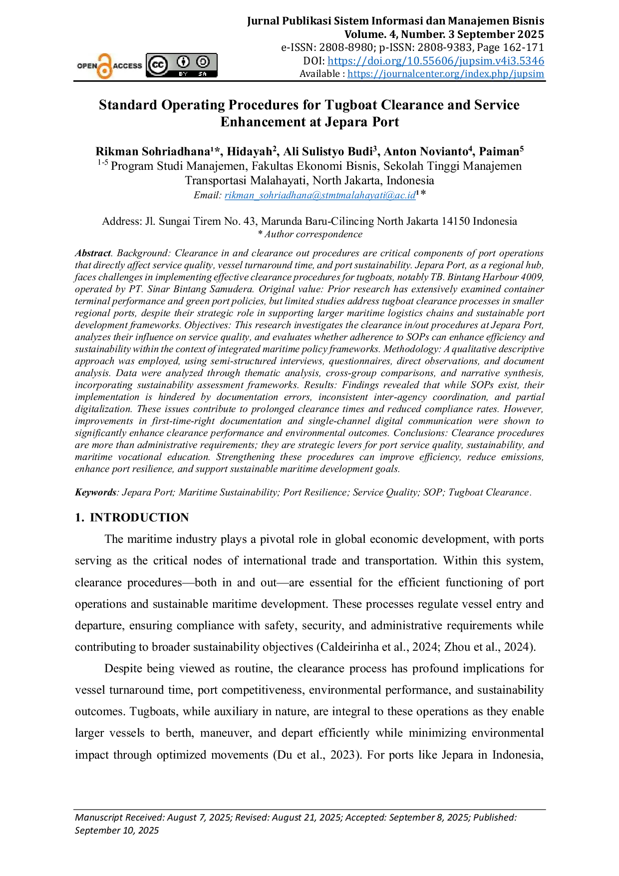 JURIS Standard Operating Procedures for Tugboat Clearance and Service Enhancement at Jepara Port