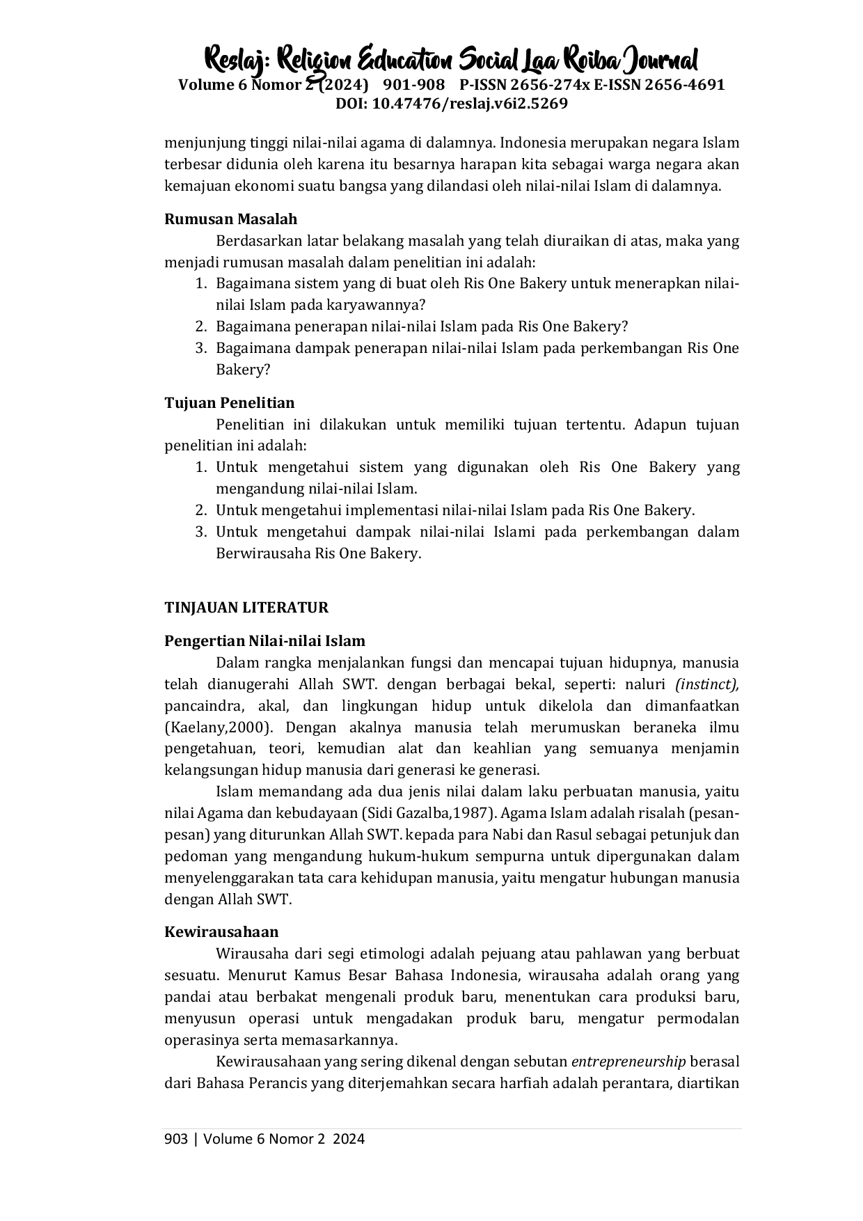 juris Penerapan Nilai Nilai Islam dalam Berwirausaha pada Masyarakat di Ris One Bakery Desa Bandar Setia Tembung