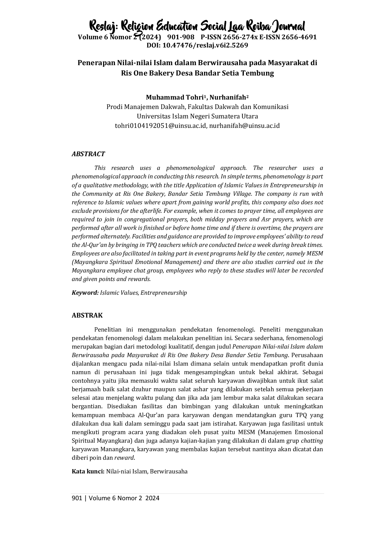 juris Penerapan Nilai Nilai Islam dalam Berwirausaha pada Masyarakat di Ris One Bakery Desa Bandar Setia Tembung