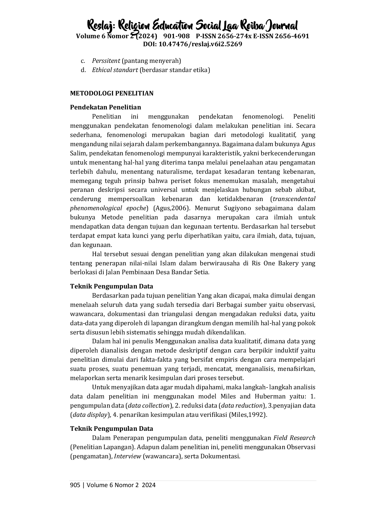 juris Penerapan Nilai Nilai Islam dalam Berwirausaha pada Masyarakat di Ris One Bakery Desa Bandar Setia Tembung