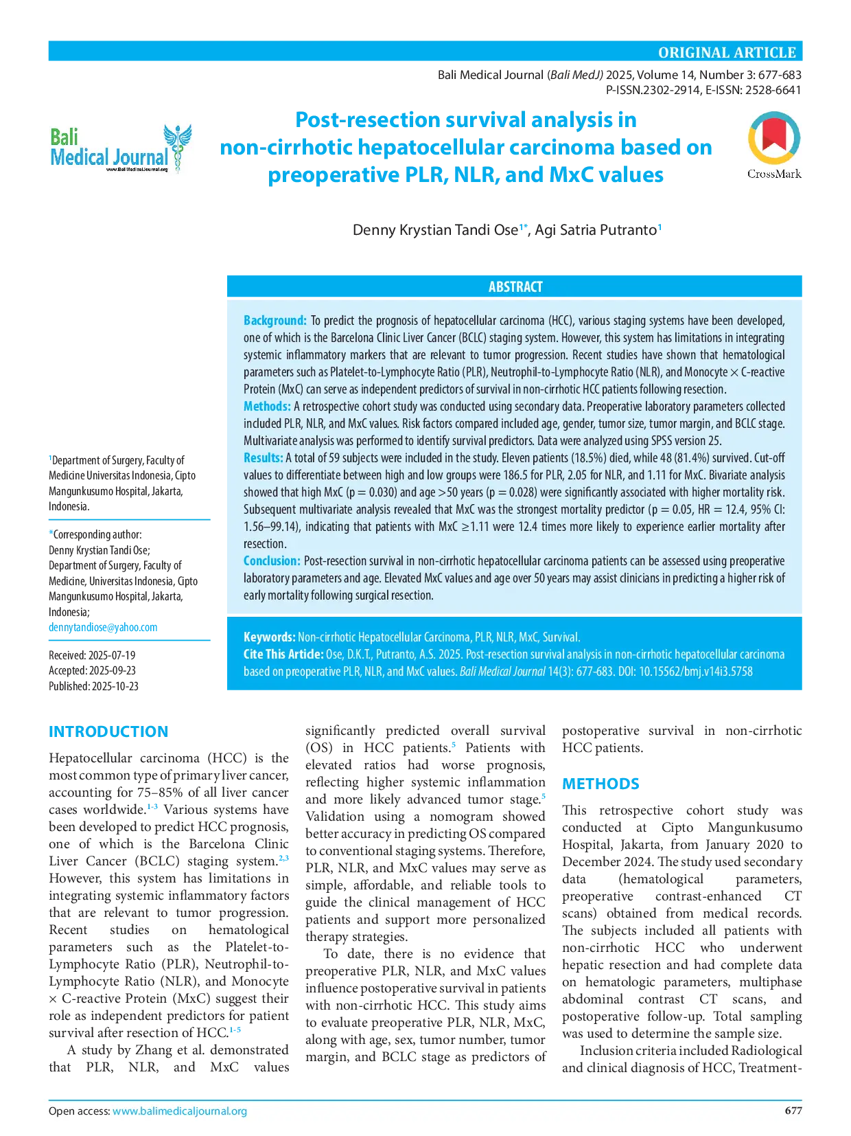 JURIS Post resection survival analysis in non cirrhotic hepatocellular carcinoma based on preoperative PLR NLR and MxC values