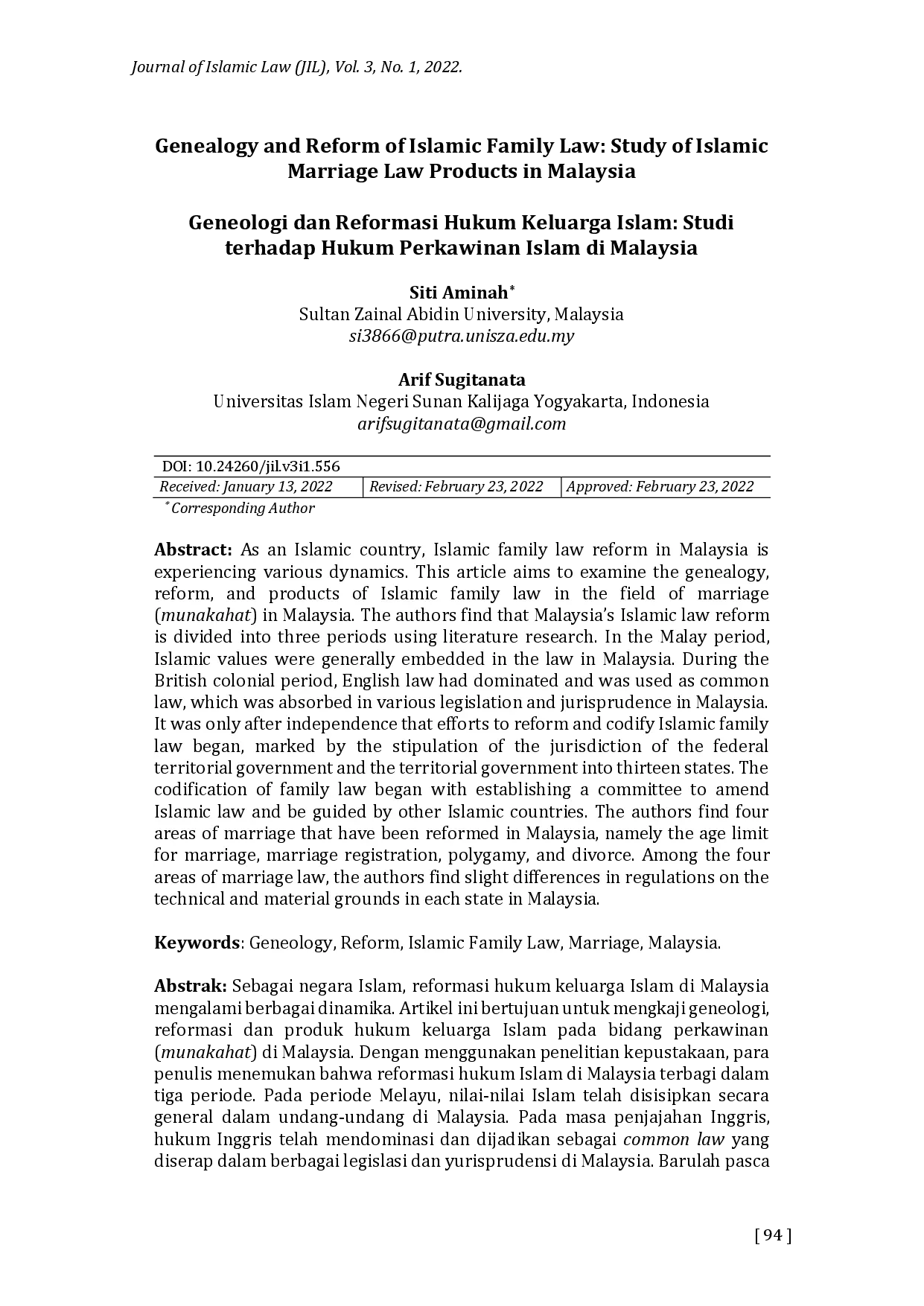 juris Genealogy and Reform of Islamic Family Law Study of Islamic Marriage Law Products in Malaysia