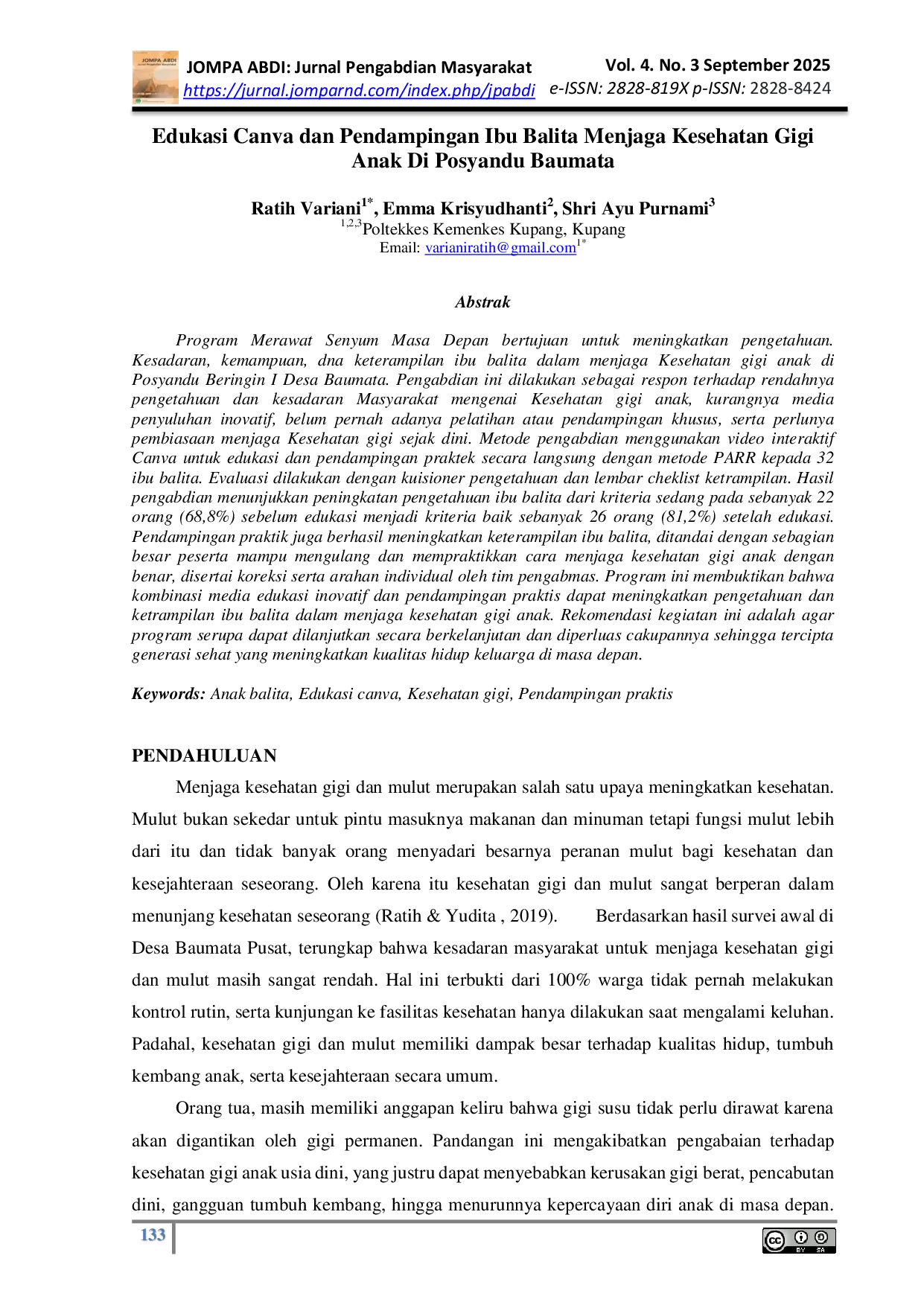 JURIS Edukasi Canva dan Pendampingan Ibu Balita Menjaga Kesehatan Gigi Anak Di Posyandu Baumata