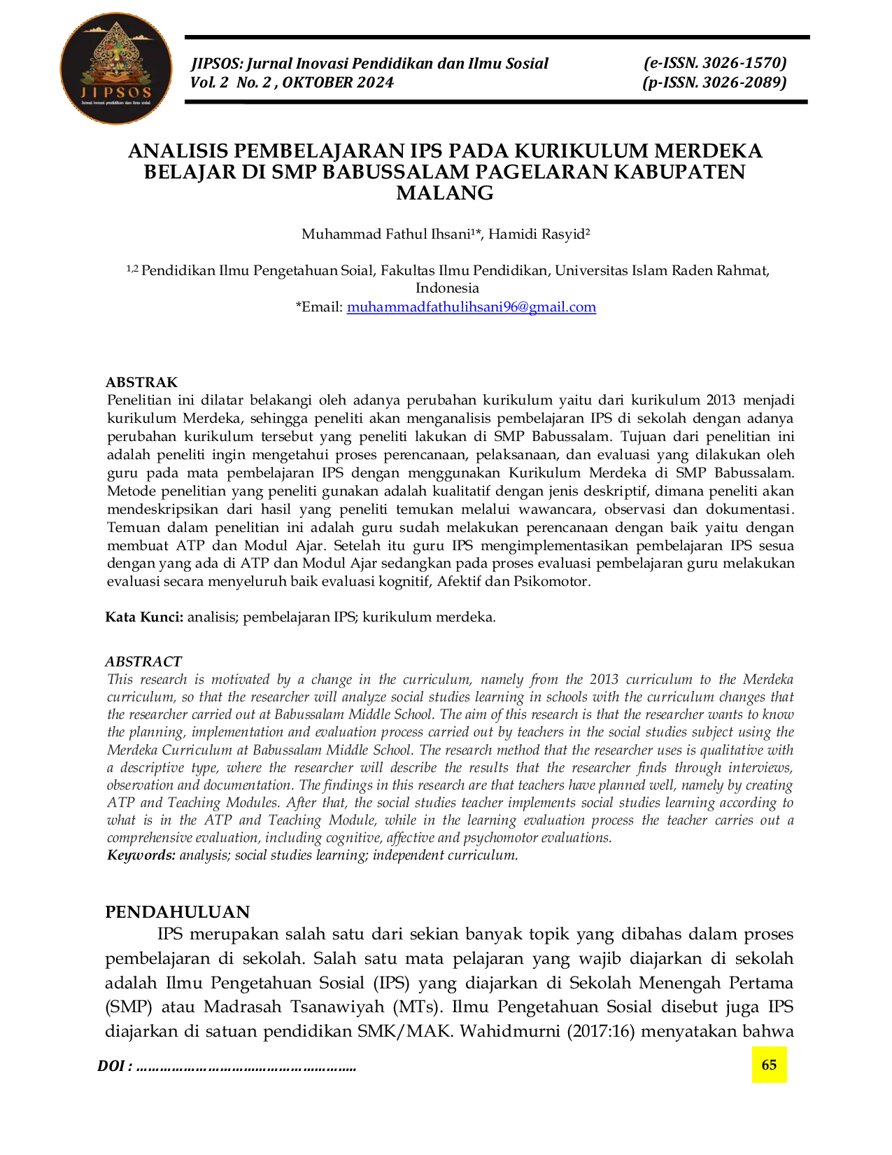 JURIS Analisis Pembelajaran IPS pada Kurikulum Merdeka Belajar di SMP Babussalam Pagelaran Kabupaten Malang
