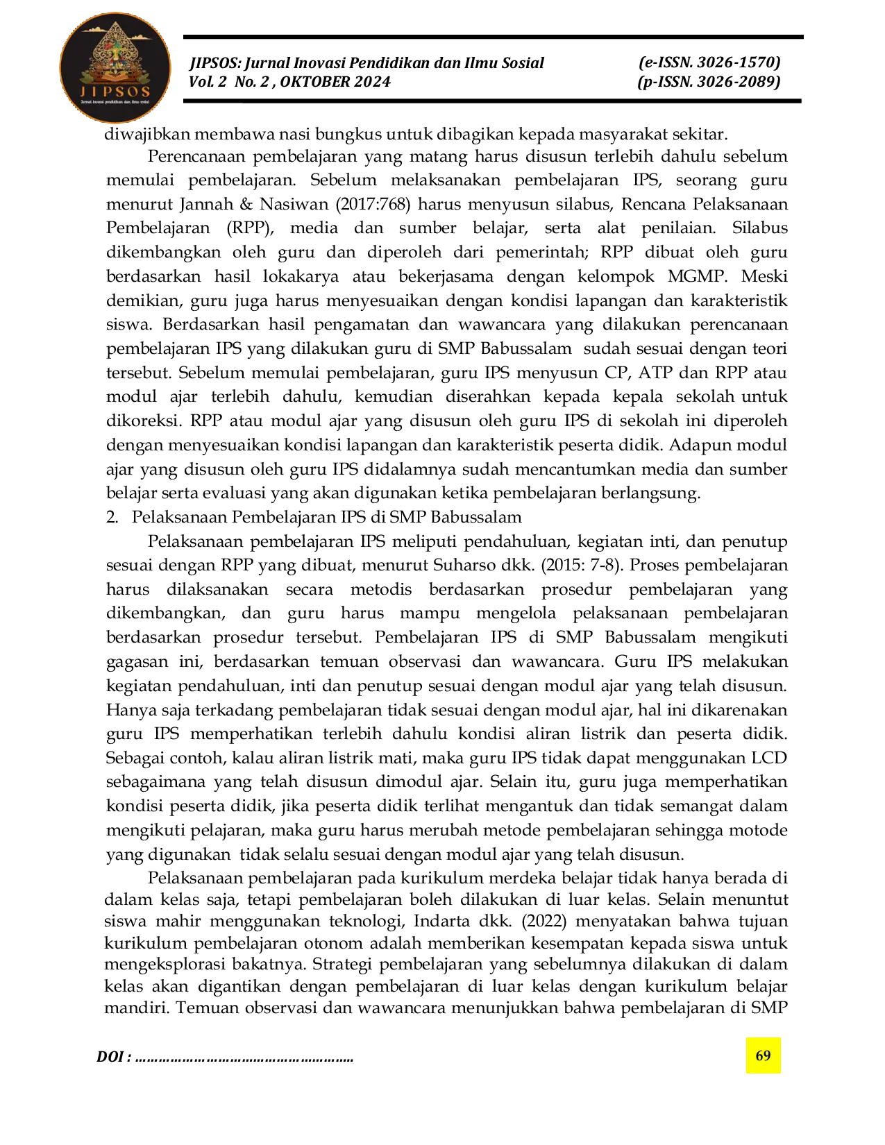 JURIS Analisis Pembelajaran IPS pada Kurikulum Merdeka Belajar di SMP Babussalam Pagelaran Kabupaten Malang