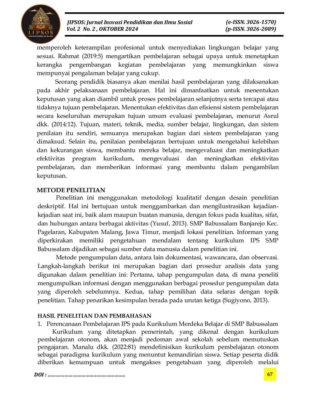 JURIS Analisis Pembelajaran IPS pada Kurikulum Merdeka Belajar di SMP Babussalam Pagelaran Kabupaten Malang