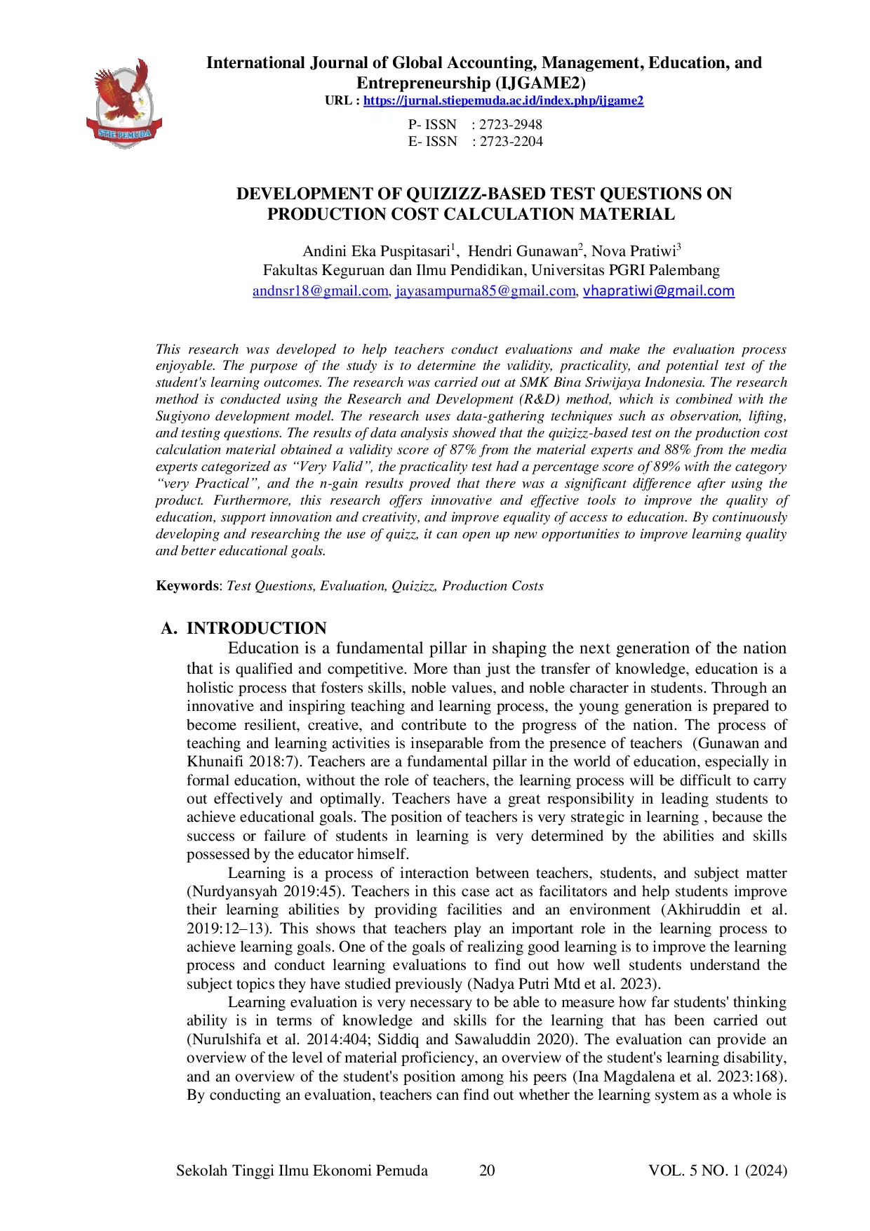 JURIS Development of Quizizz Based Test Questions on Production Cost Calculation Material