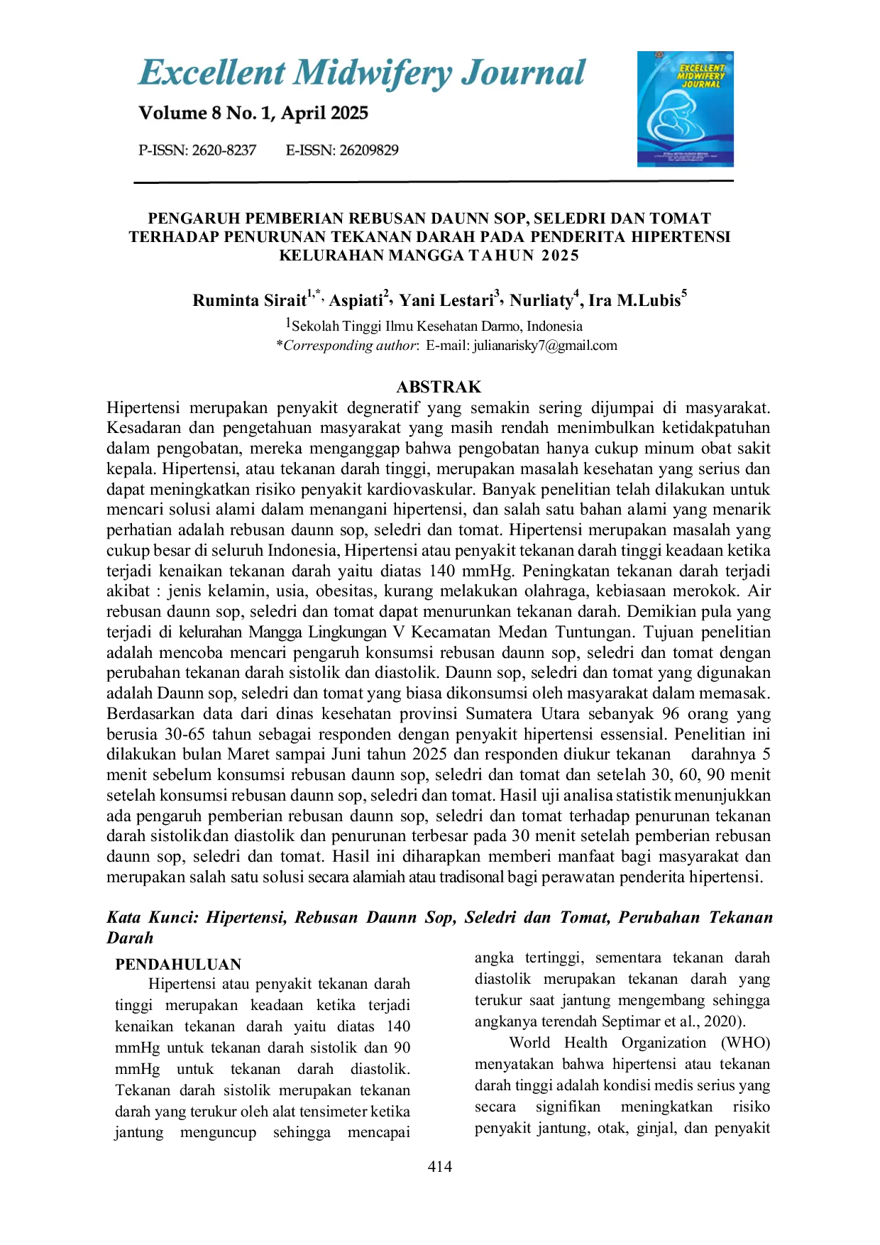 JURIS PENGARUH PEMBERIAN REBUSAN DAUN SOP SELEDRI DAN TOMAT TERHADAP PENURUNAN TEKANAN DARAH PADA PENDERITA HIPERTENSI KELURAHAN MANGGA TAHUN 2025 The Effect Of Giving Boiled Sop Leaves Celery And Tomato