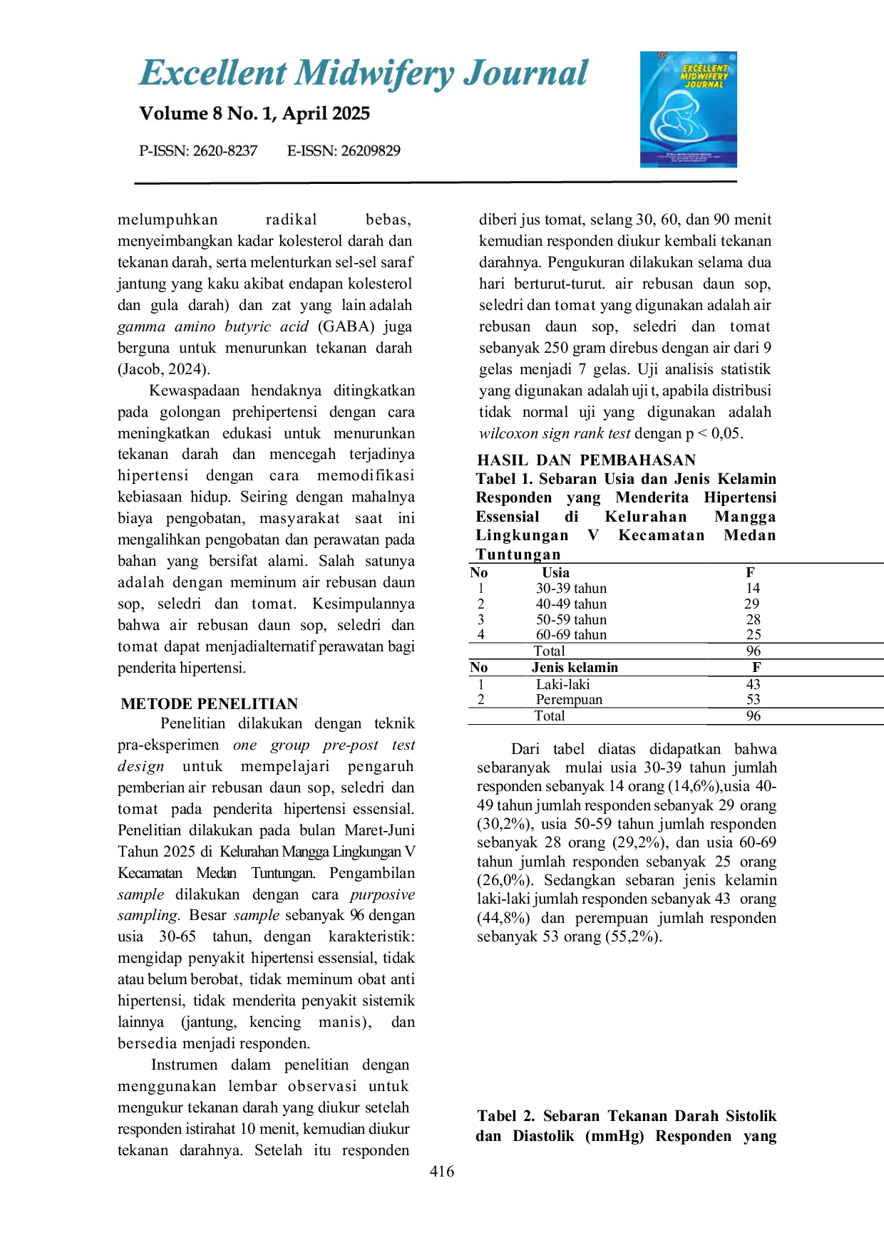 JURIS PENGARUH PEMBERIAN REBUSAN DAUN SOP SELEDRI DAN TOMAT TERHADAP PENURUNAN TEKANAN DARAH PADA PENDERITA HIPERTENSI KELURAHAN MANGGA TAHUN 2025 The Effect Of Giving Boiled Sop Leaves Celery And Tomato