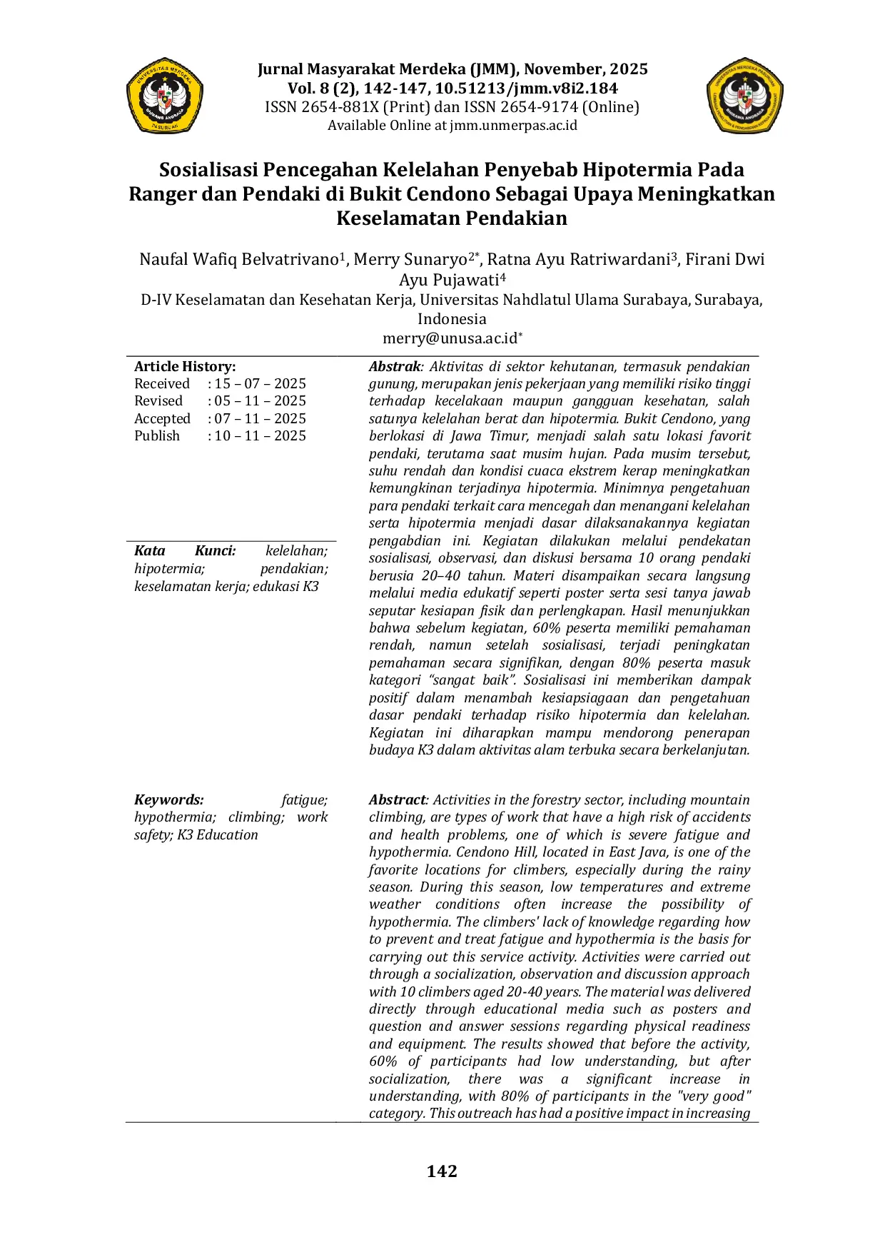 JURIS Sosialisasi Pencegahan Kelelahan Penyebab Hipotermia Pada Ranger dan Pendaki di Bukit Cendono Sebagai Upaya Meningkatkan Keselamatan Pendakian