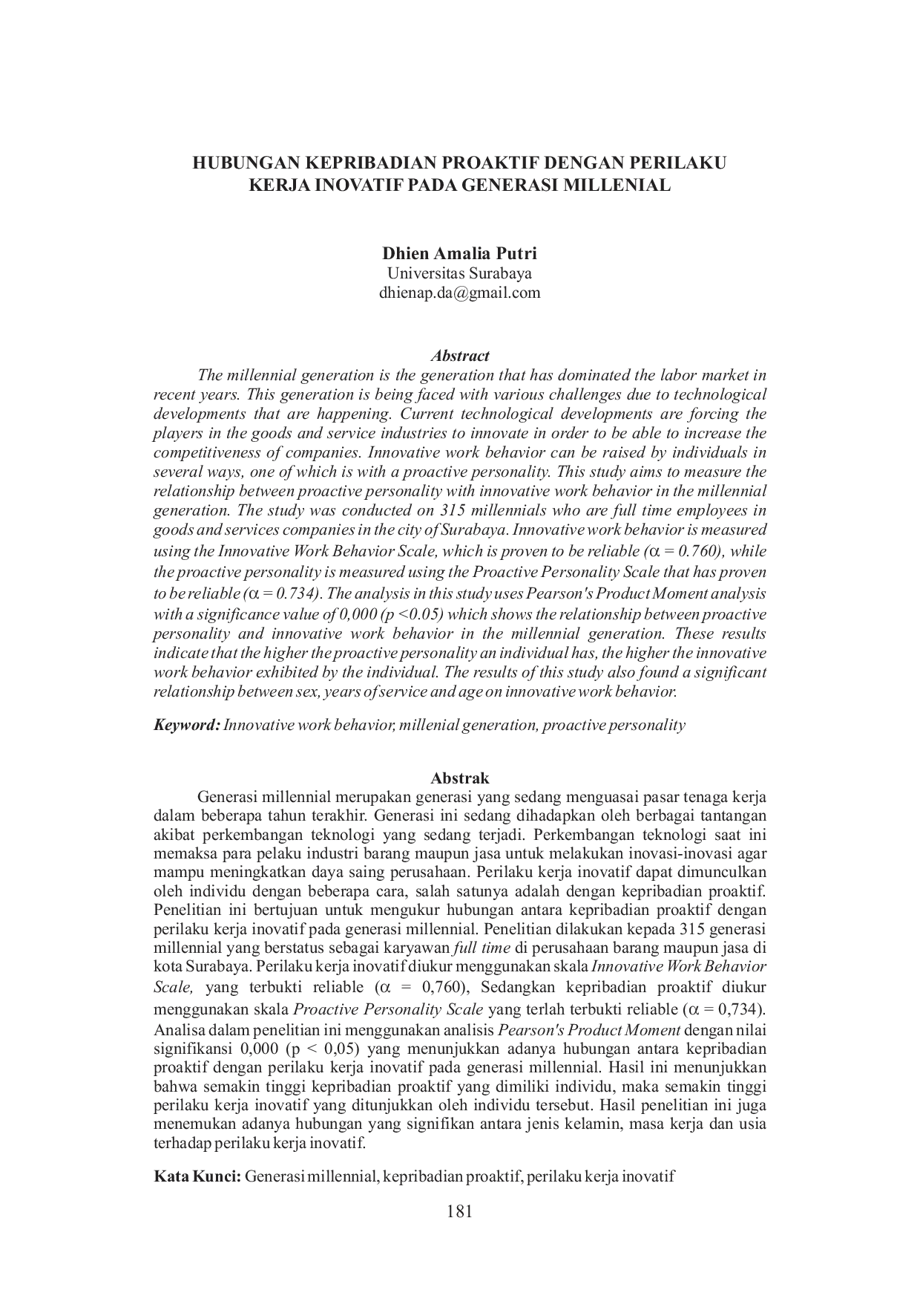 JURIS Hubungan Kepribadian Proaktif Dengan Perilaku Kerja Inovatif Pada Generasi Millenial