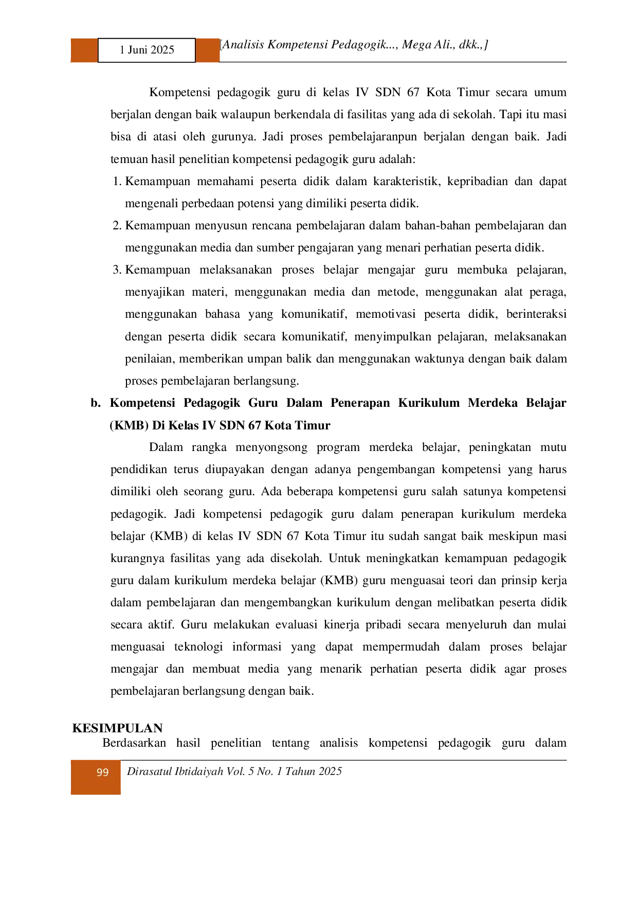 JURIS Analisis Kompetensi Pedagogik Guru Dalam Penerapan Kurikulum Merdeka Belajar KMB Di Kelas Iv Sdn 67 Kota Timur