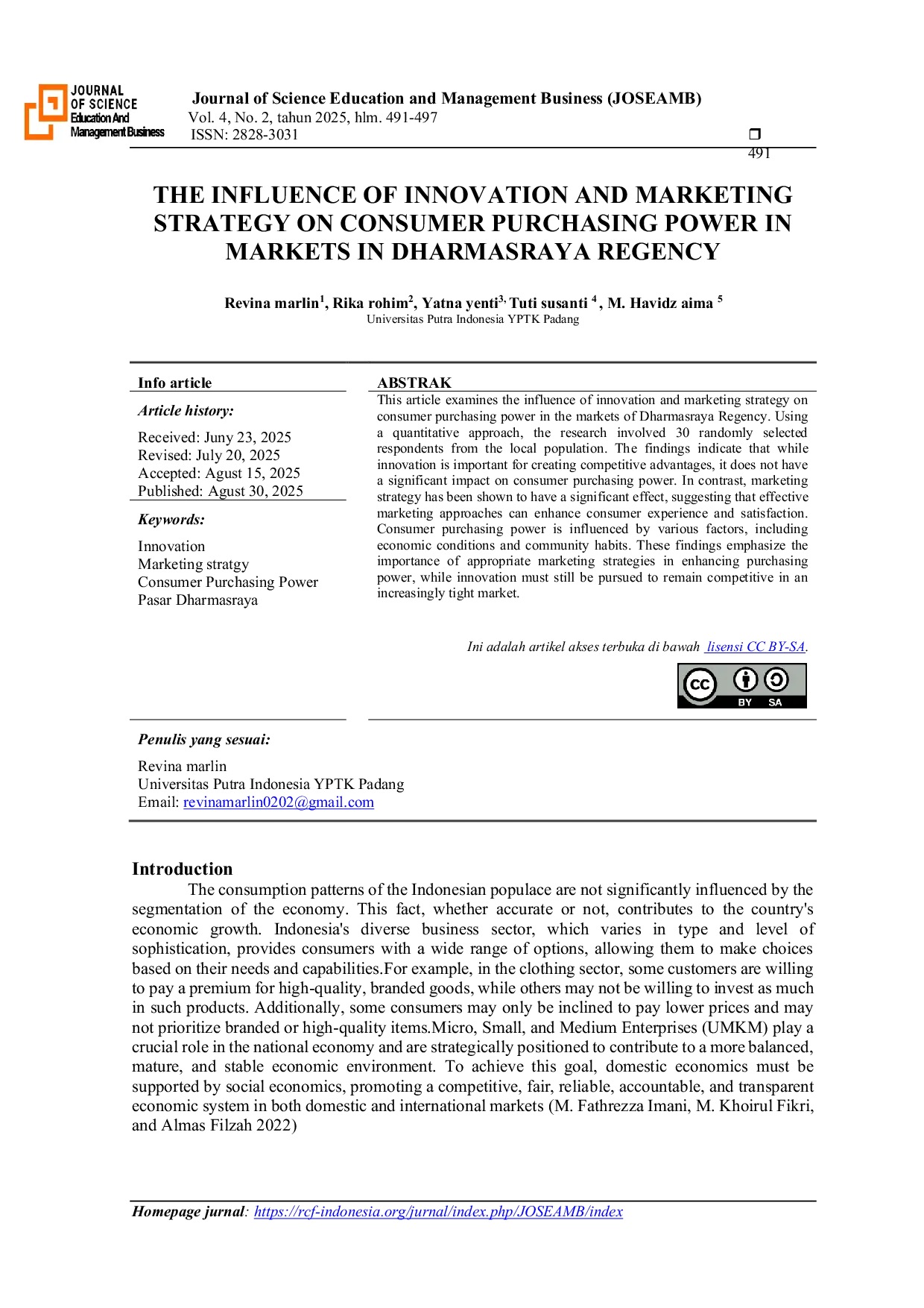 JURIS The Influence of Innovation and Marketing Strategy on Consumer Purchasing Power in Markets in Dharmasraya Regency