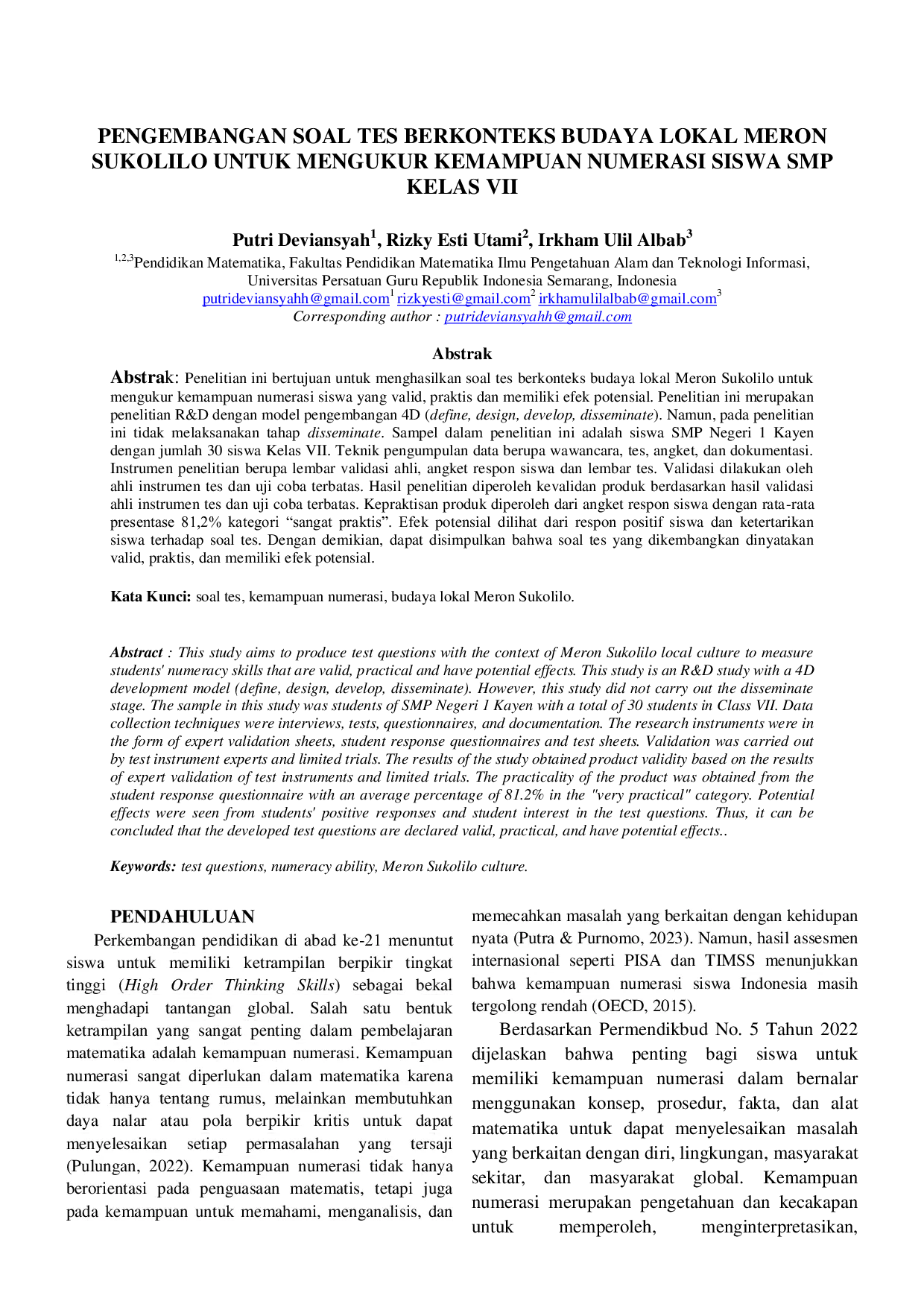 JURIS PENGEMBANGAN SOAL TES BERKONTEKS BUDAYA LOKAL MERON SUKOLILO UNTUK MENGUKUR KEMAMPUAN NUMERASI SISWA SMP KELAS VII